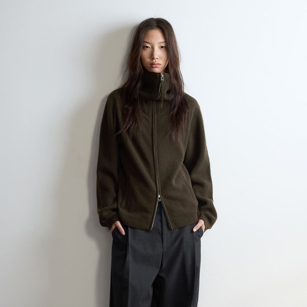 RandomPiece Merino Wool Draped Zip Cardigan in Olive - On Model