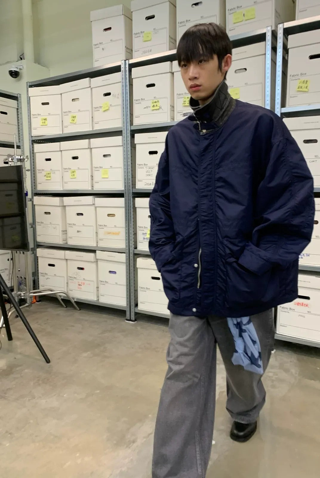 NeverSeez Vintage Wash Nylon Barn Jacket in Navy - On Model