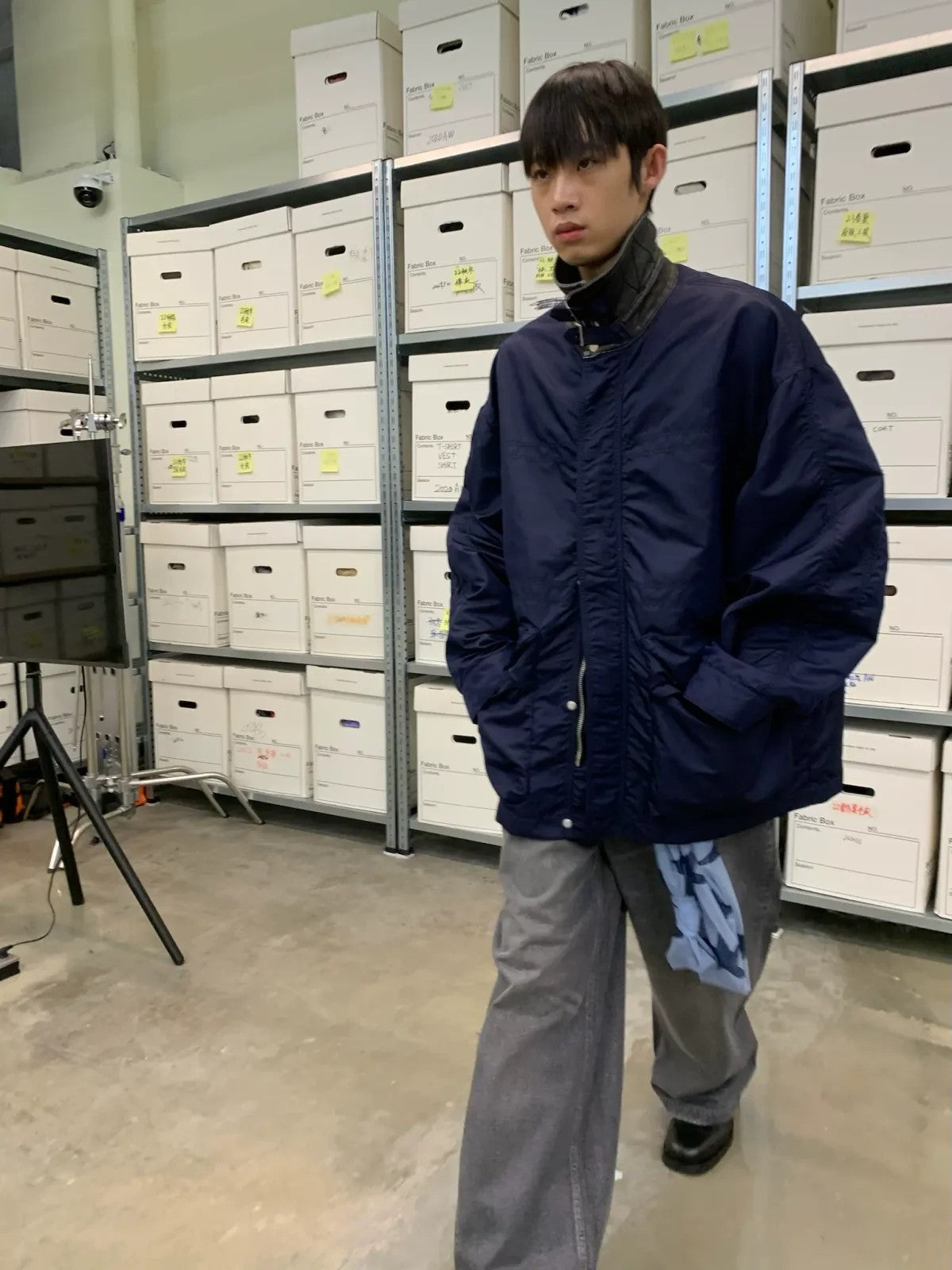 NeverSeez Vintage Wash Nylon Barn Jacket in Navy - On Male Model