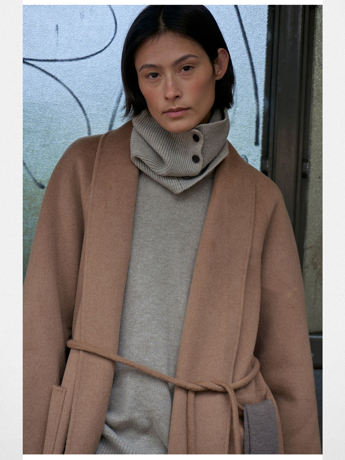 RandomPiece Merino Wool Camel Hair Robe Coat in Brown - On Model