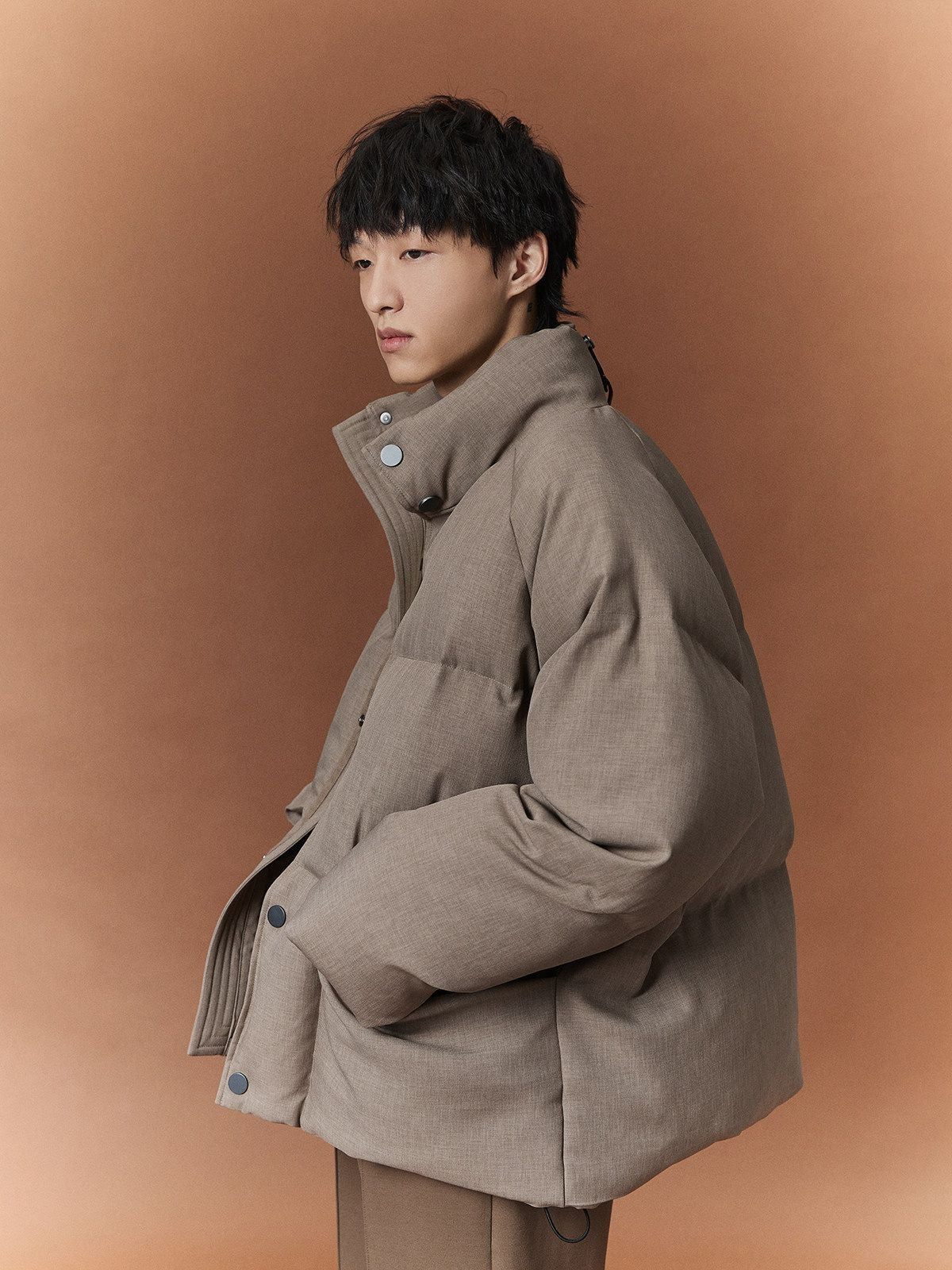 NANS Wool Touch High Neck Down Puffer in Beige - On Model