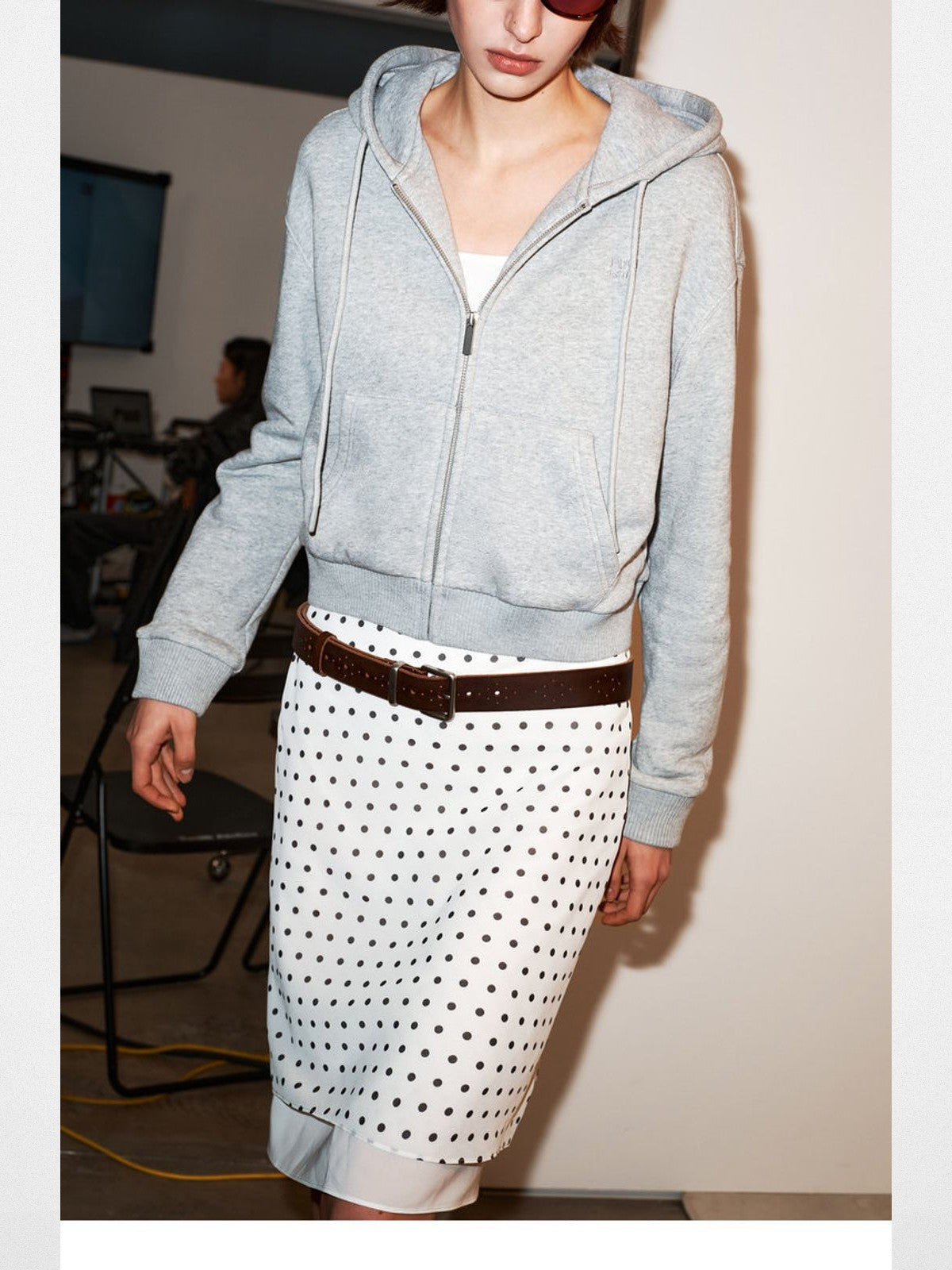 PUKI Cropped Cotton Blend Zip Hoodie in Gray - On Model