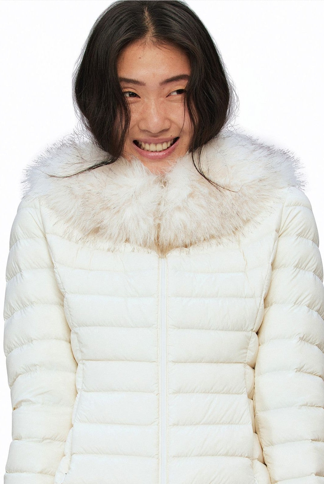 Alright then Slim Faux Fur Down Puffer in White - On Model