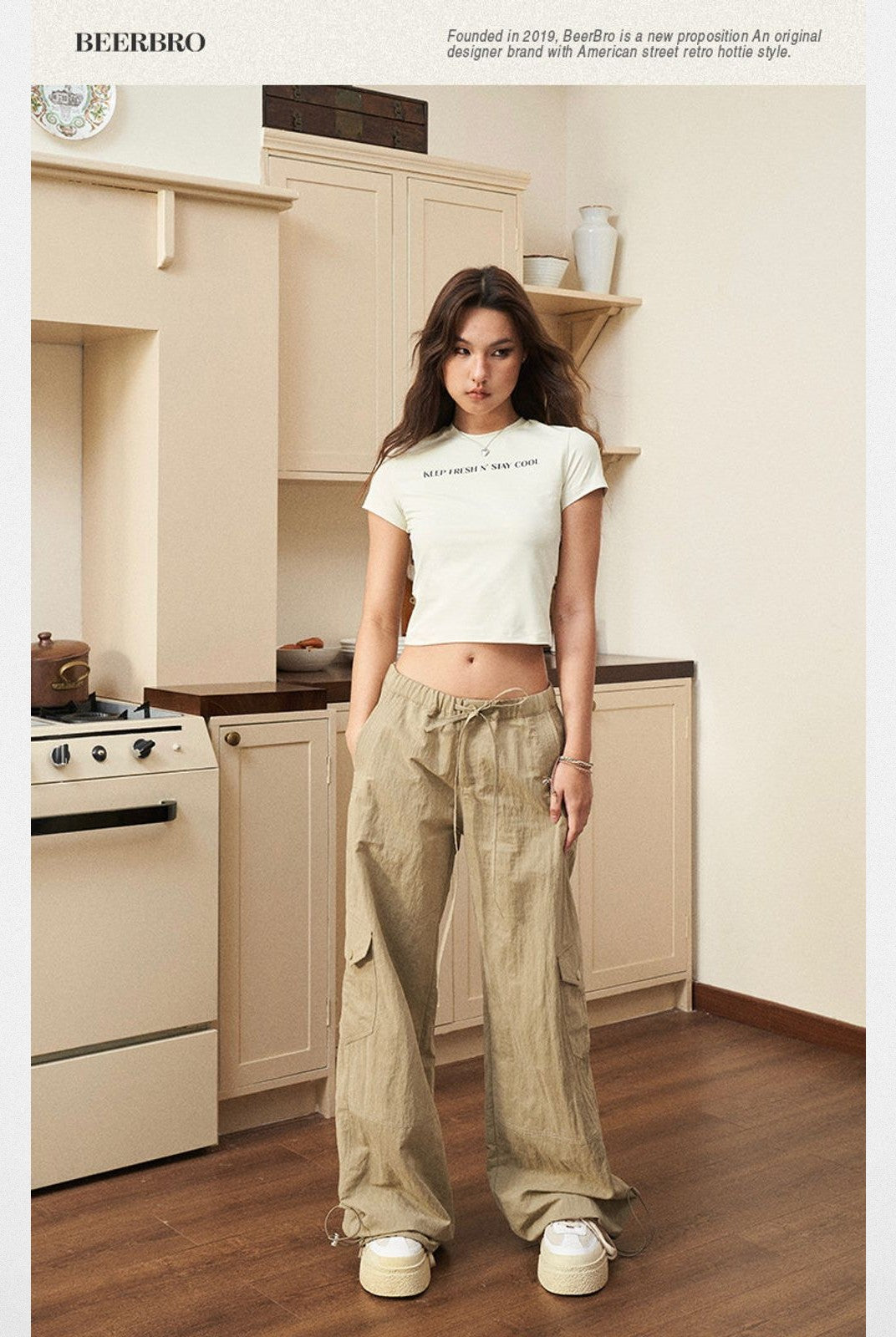 BeerBro Slogan Print Baby Tee in Cream - On Model