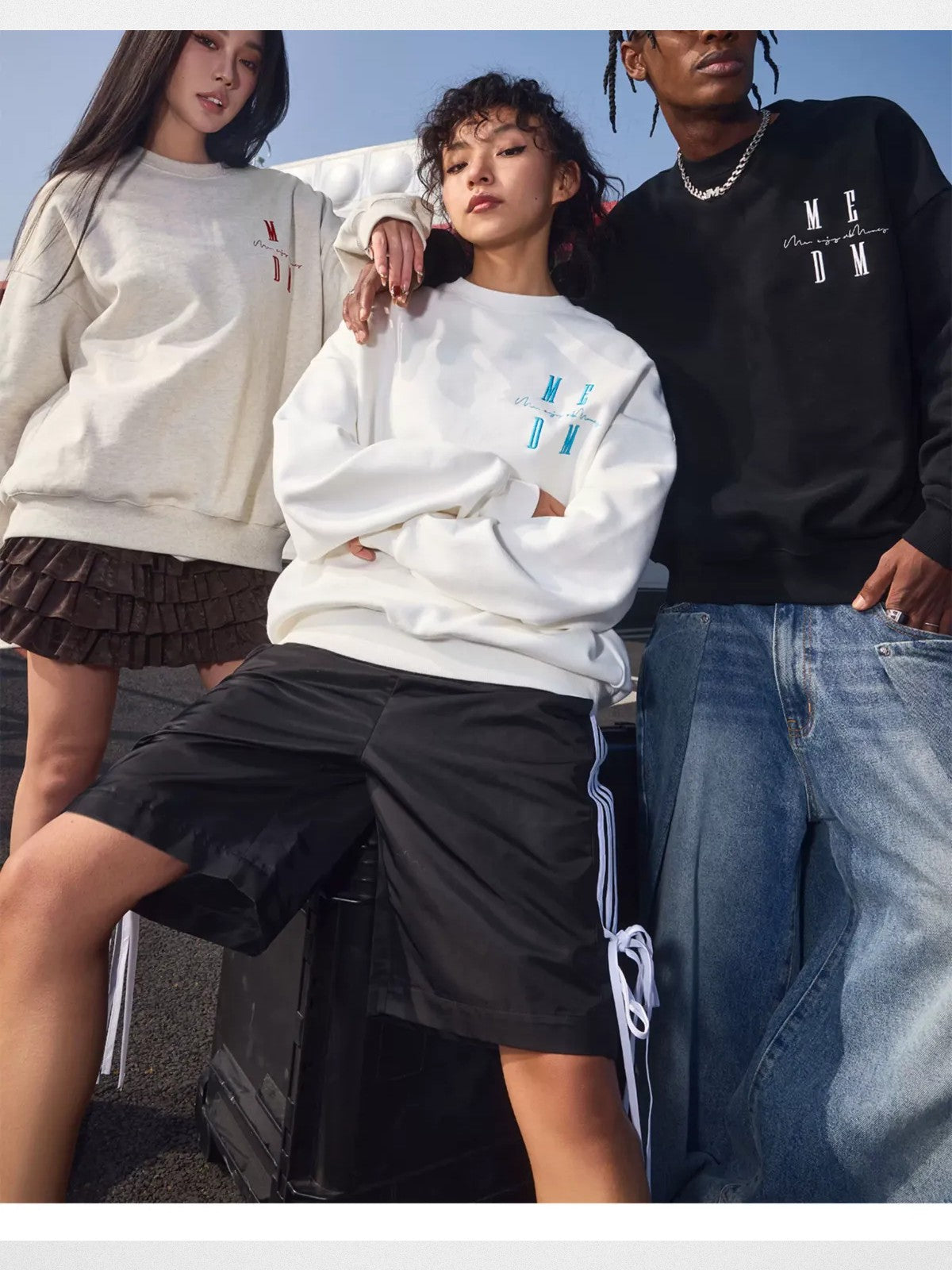 MEDM Cotton Blend Logo Crewneck in White - Lifestyle