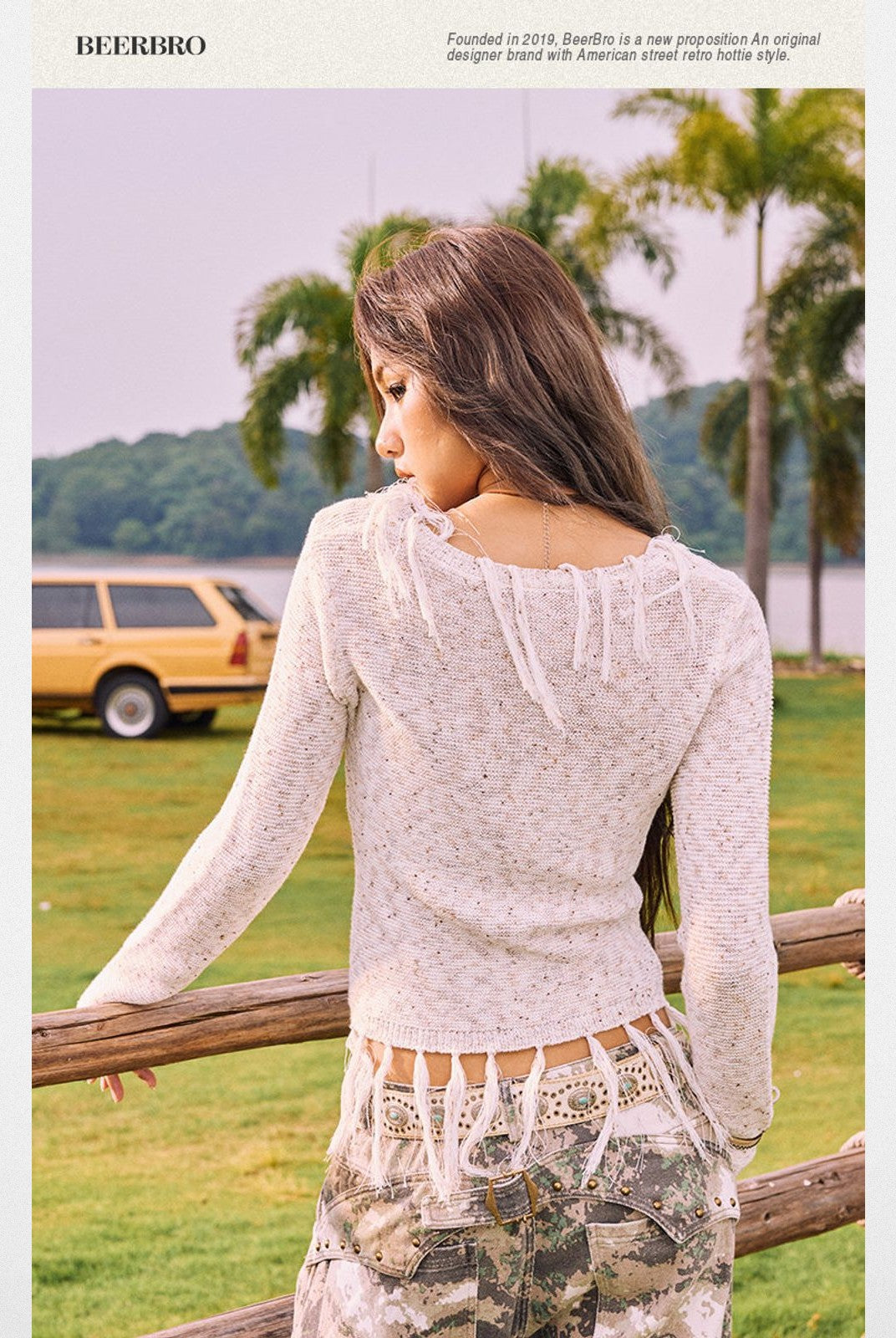 BeerBro Western Fringe Wool Cardigan in Beige