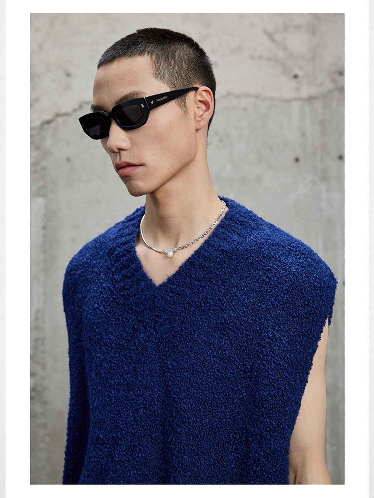 NANS Alpaca Blend Boucl Knit Polo in Blue - On Male Model