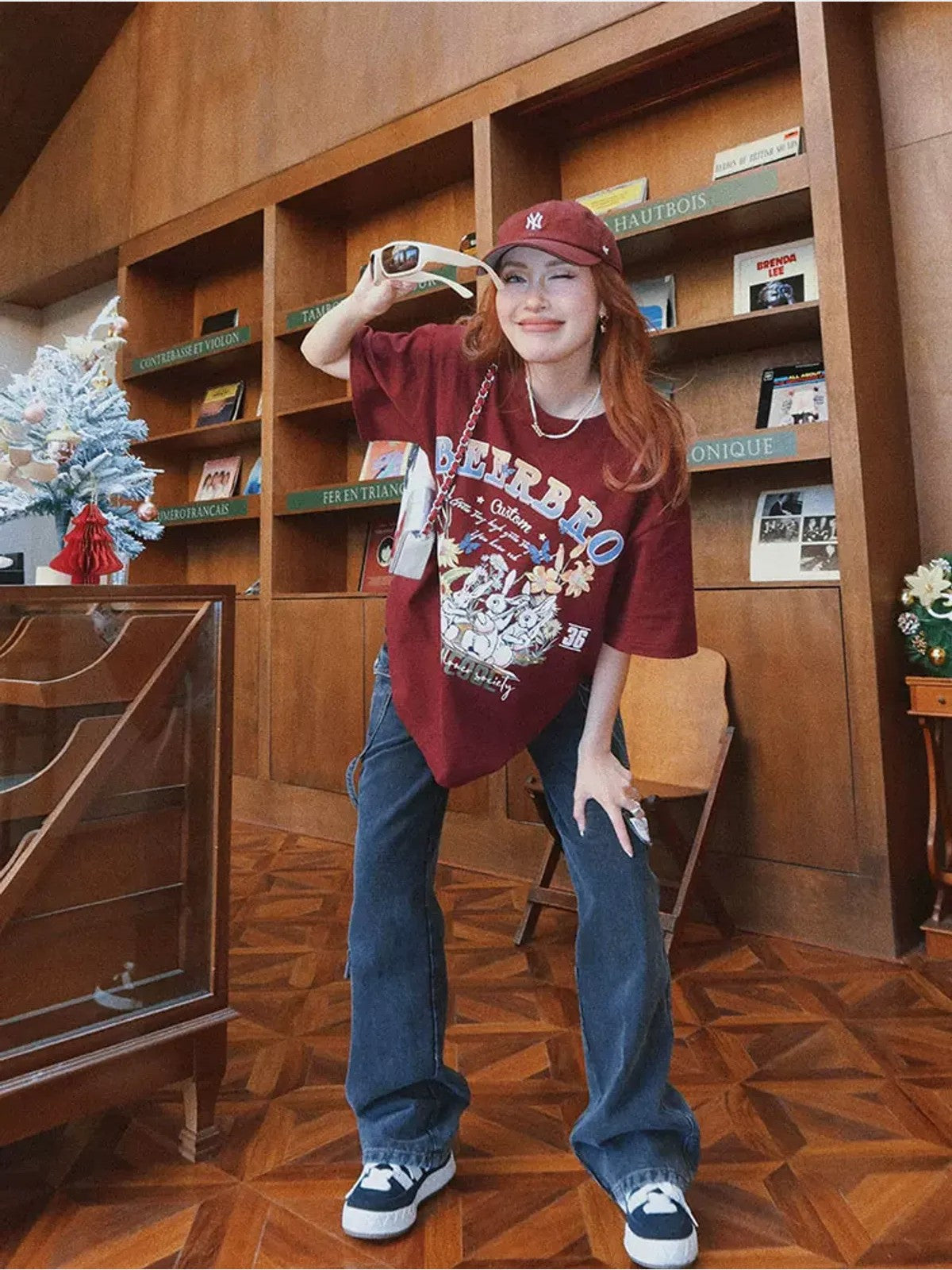 BeerBro Rabbit Graphic Oversized T Shirt in Burgundy - Lifestyle