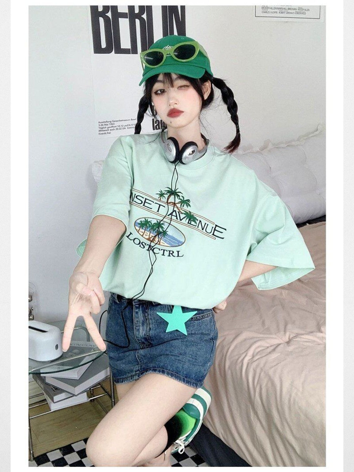 LOSTCTRL Palm Tree Embroidered Cotton Tee in Mint - On Model