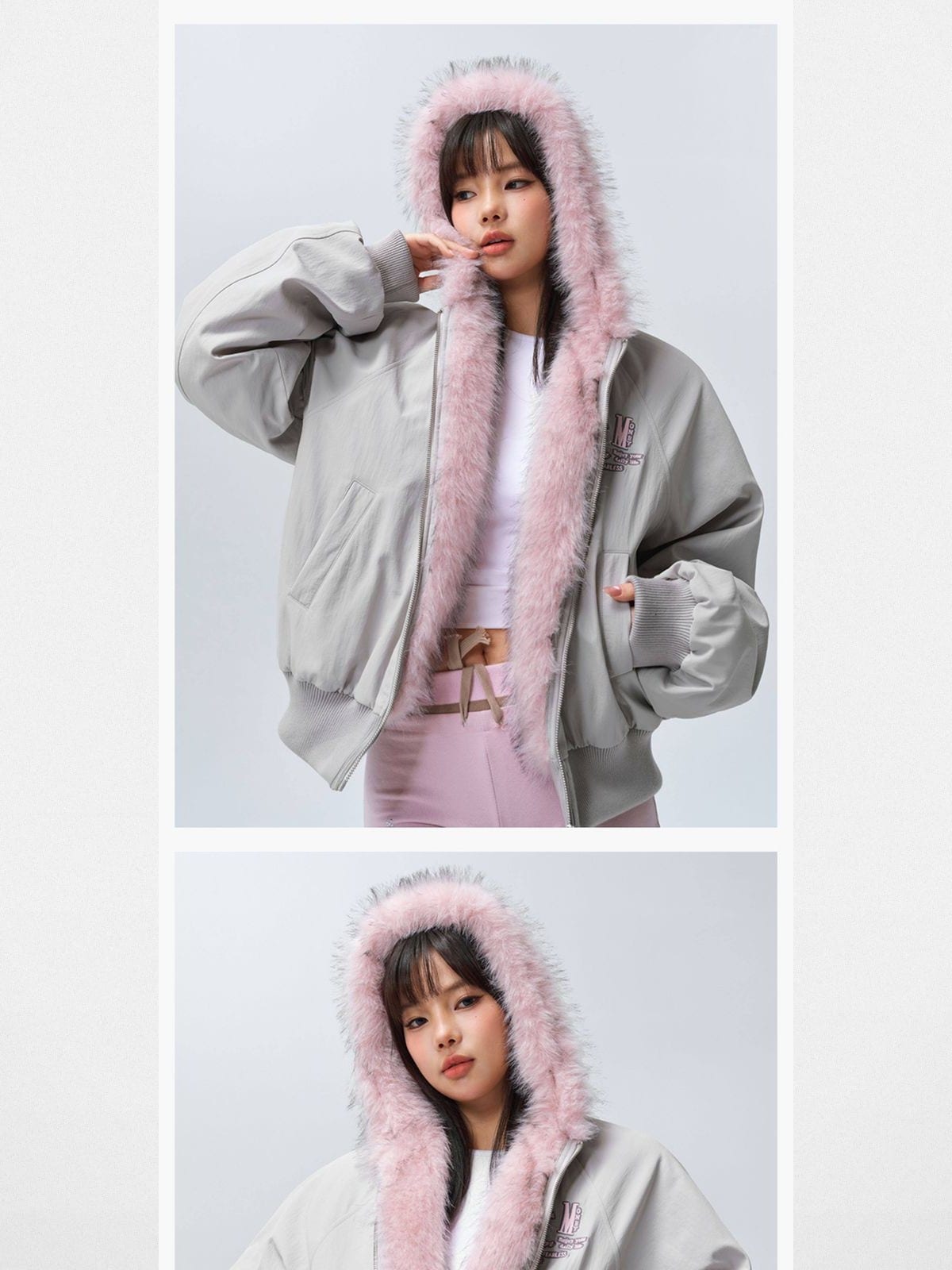 MEDM Faux Fur Hooded Padded Jacket in Gray - On Female Model