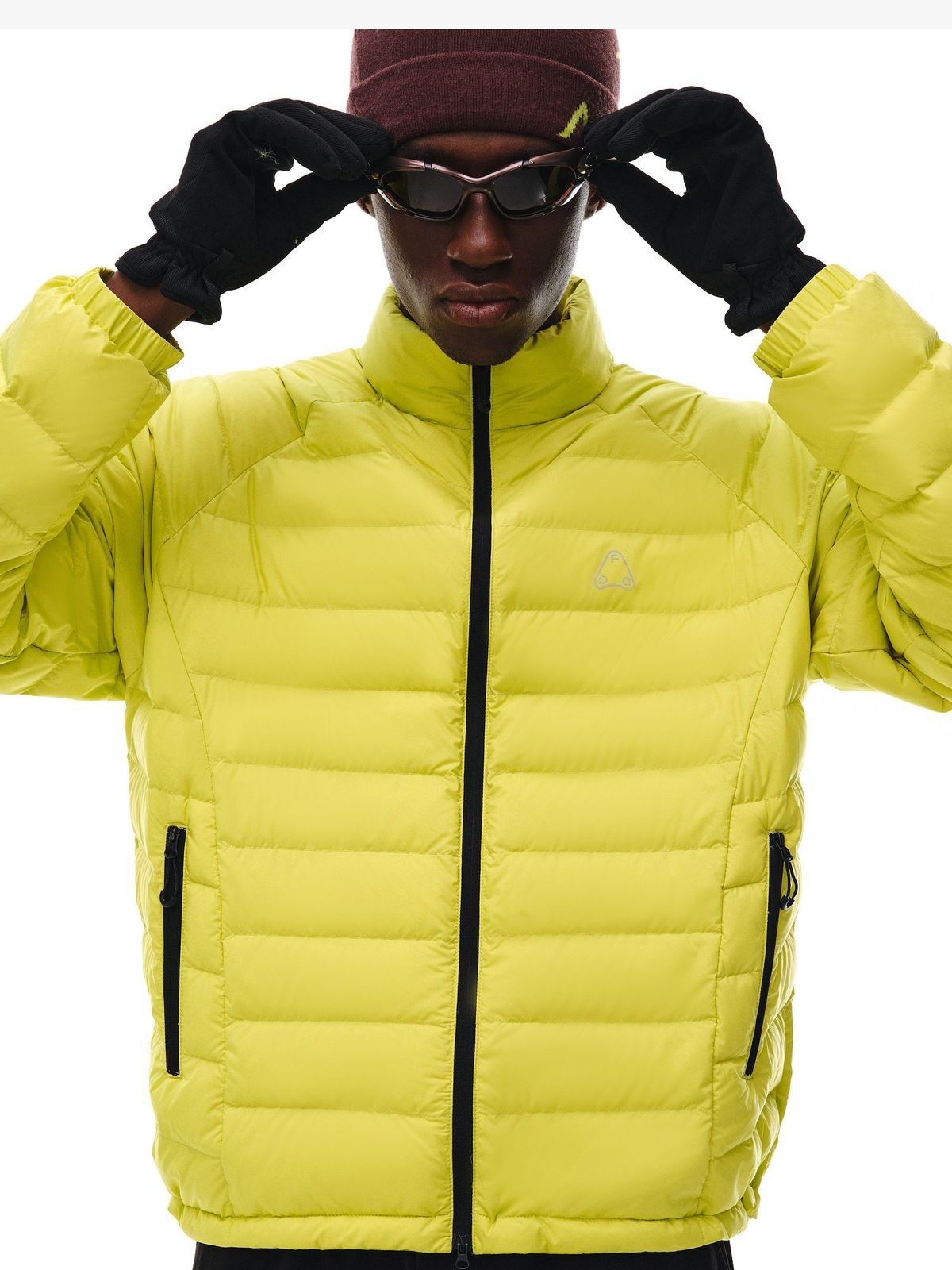 FPA Contrast Zip Down Puffer in Green - On Male Model