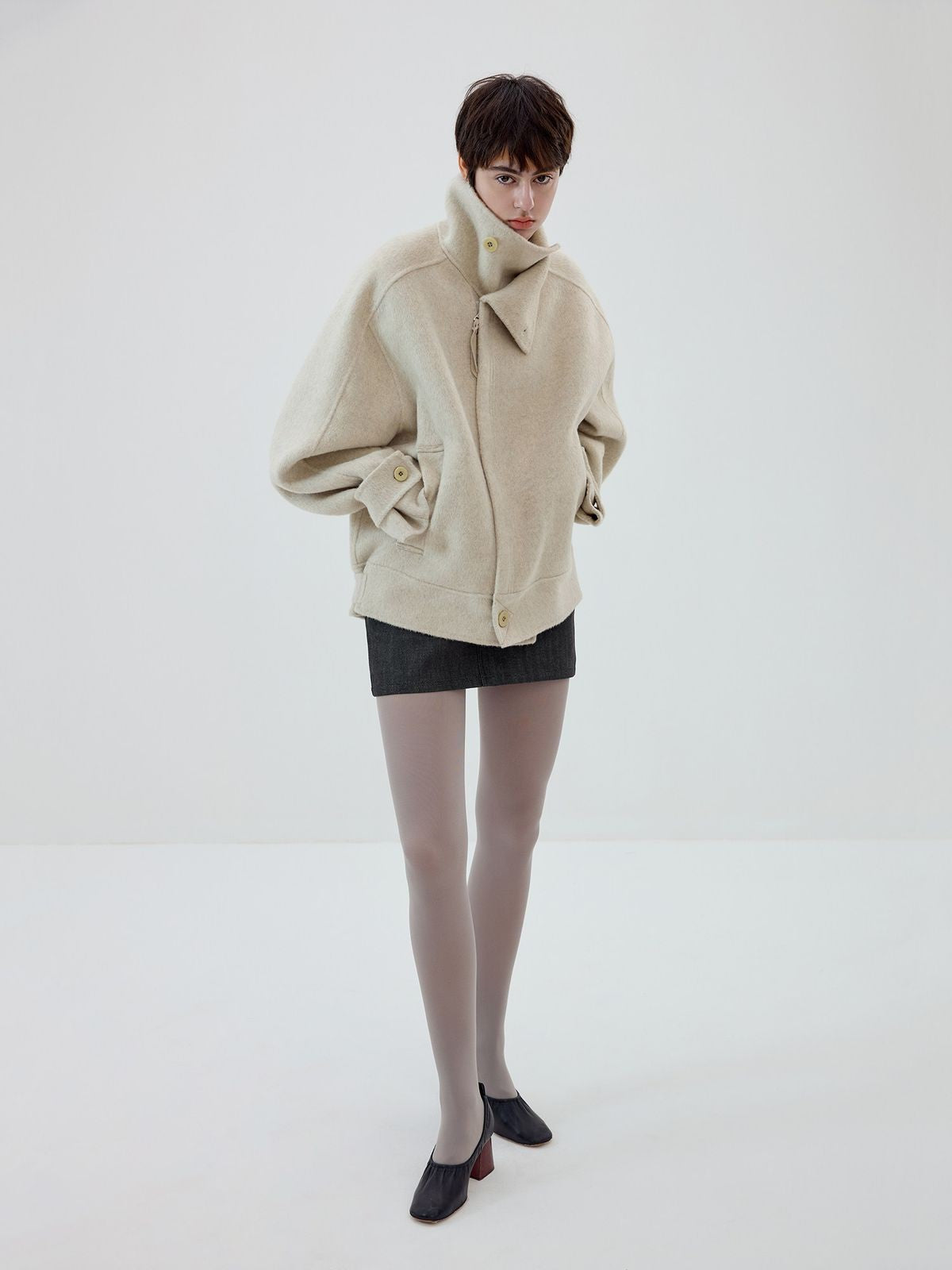 Simple Project High Neck Double Faced Wool Jacket in White - On Female Model