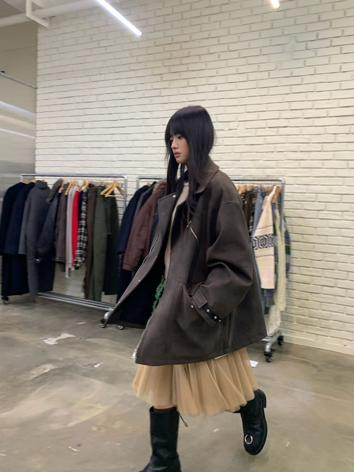 NeverSeez Padded PU Leather Trench Coat in Gray - On Female Model