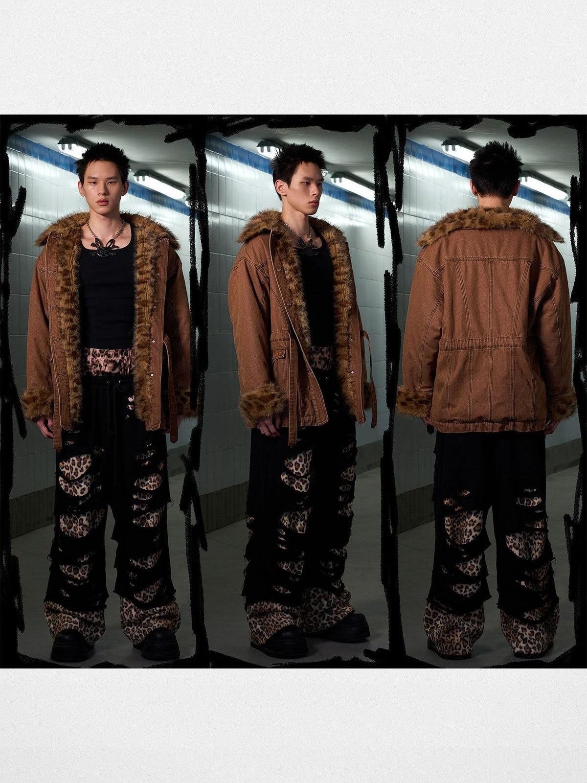 CFIERCE Leopard Lined Pink Denim Jacket in Brown - On Male Model