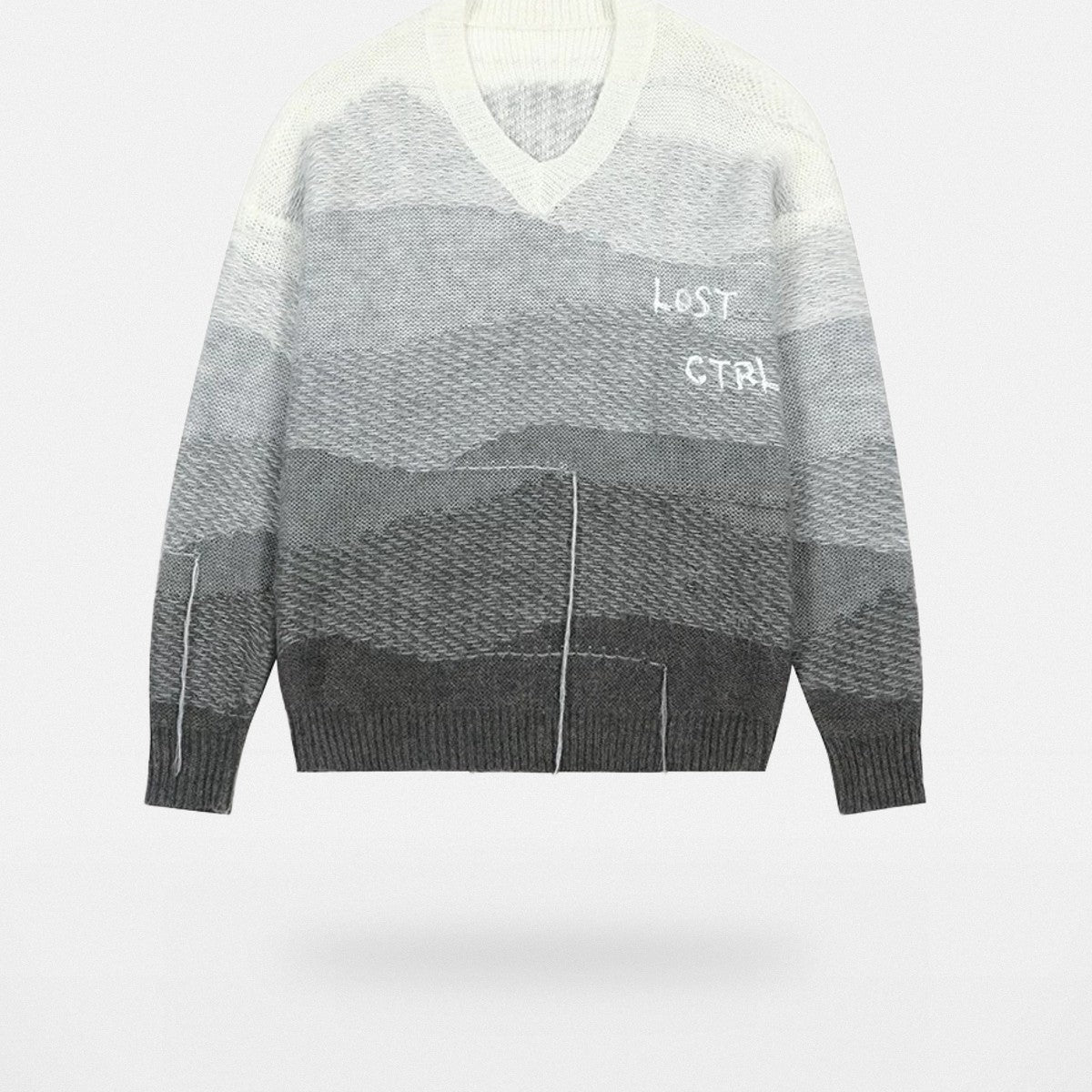 LOSTCTRL Gradient Fringe V Neck Sweater in Gray