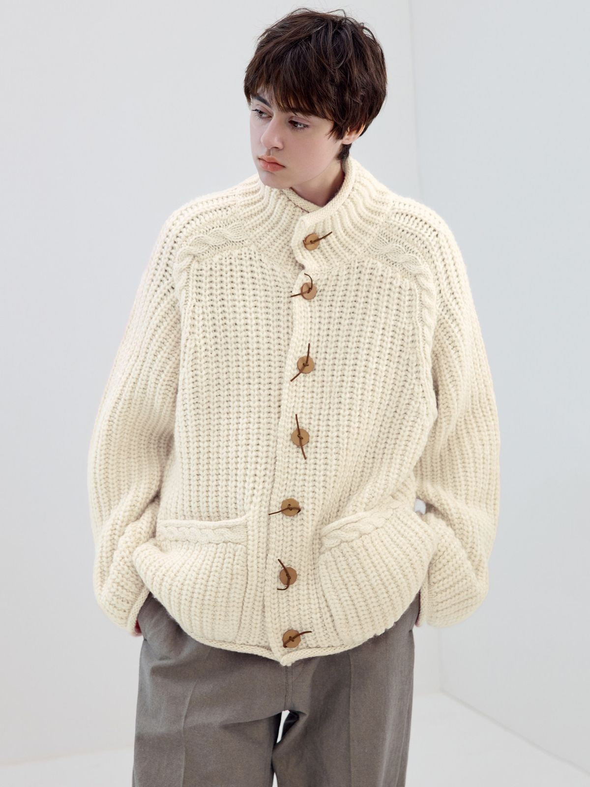 Simple Project Chunky Wool Blend High Neck Cardigan in Cream - On Male Model
