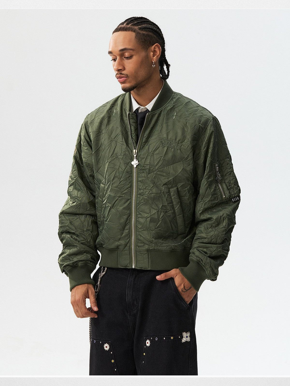 MEDM Nylon Stand Collar Padded Bomber in Olive - On Male Model