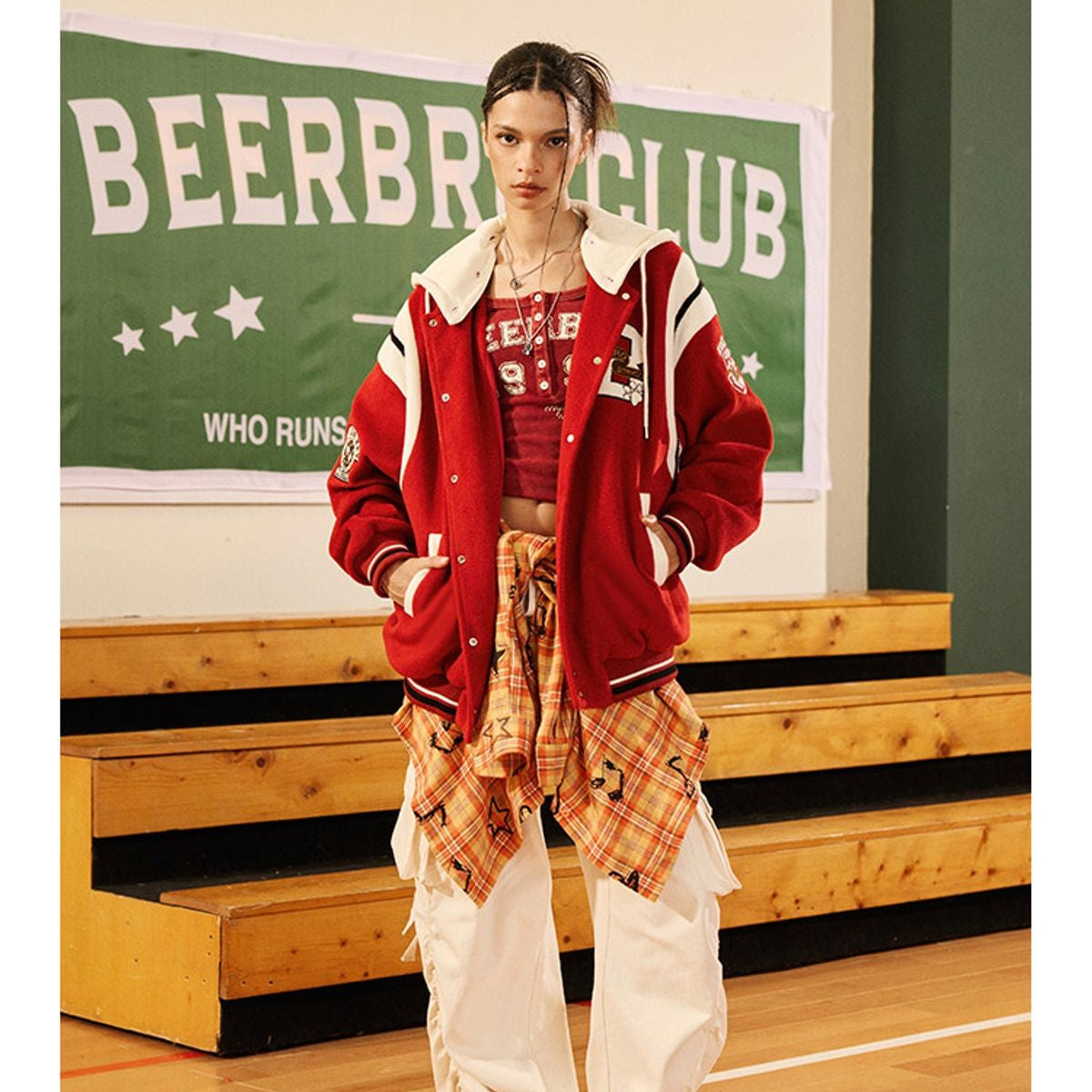 BeerBro Detachable Hood Varsity Jacket in Red - On Model