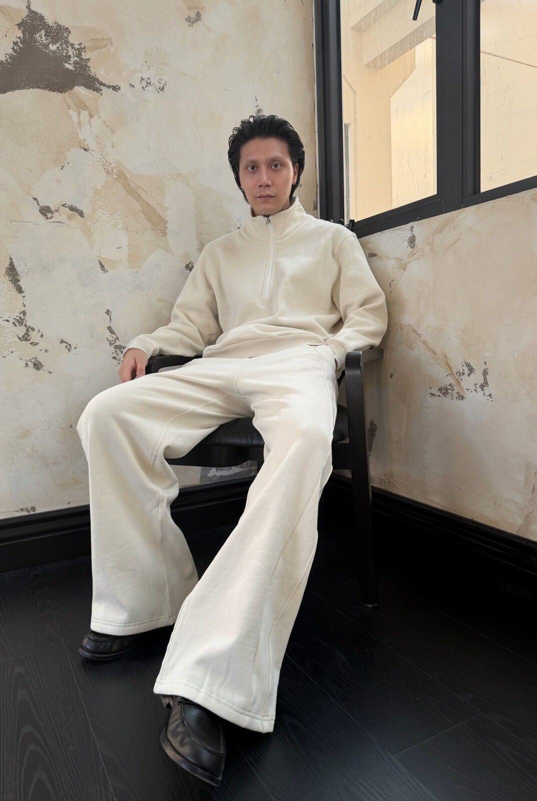 TRIANGLE PROJECT Brushed Cotton Wide Leg Sweatpants in White - On Model