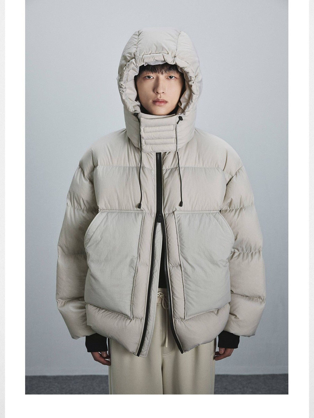 NANS Detachable Hood Crinkled Down Puffer in White - On Model