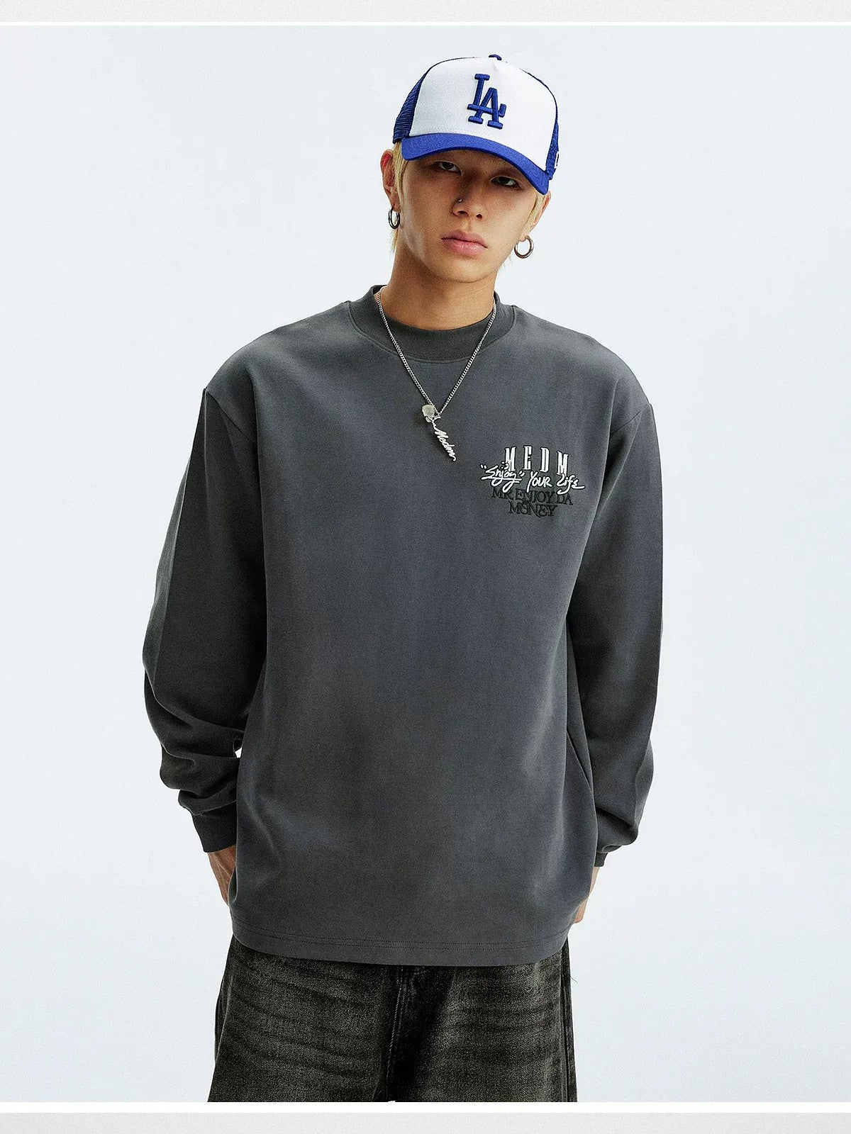 MEDM German Velvet Thermal Crewneck in Gray - On Male Model