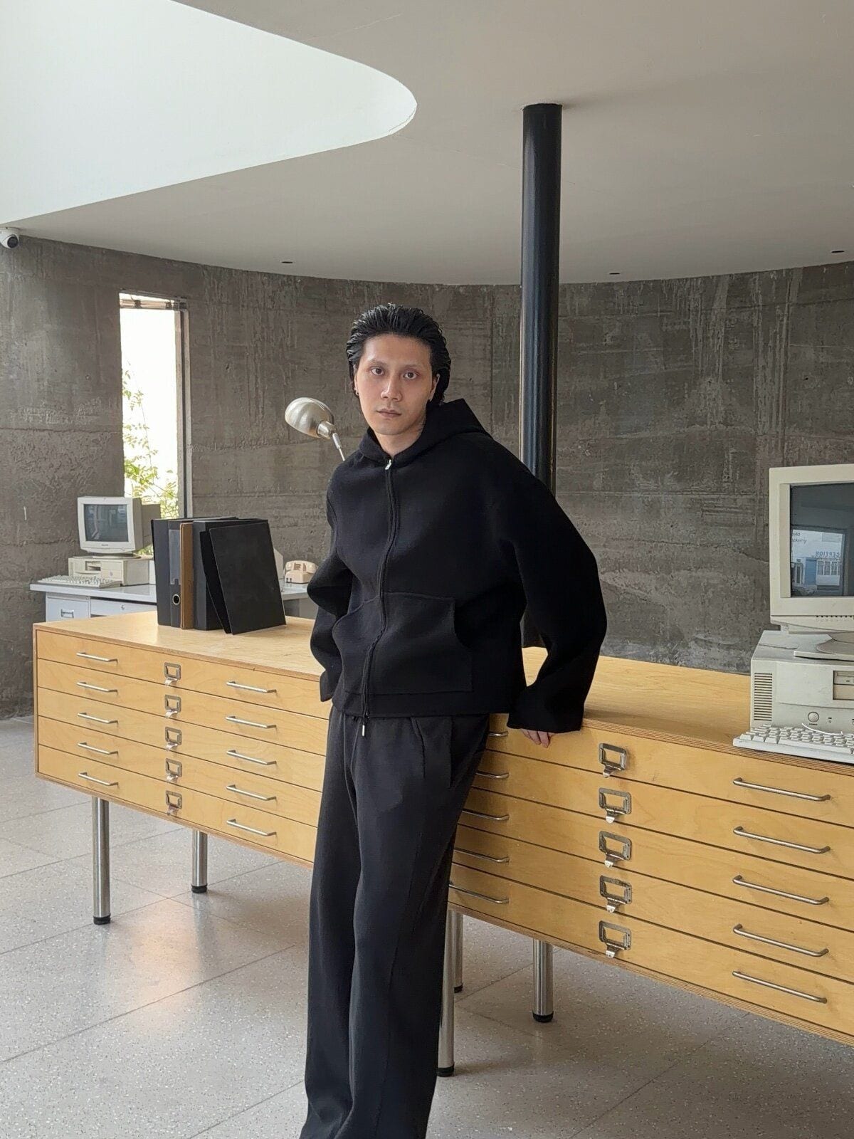 Triangle Project Wool Cashmere Hooded Zip Jacket in Black - On Male Model