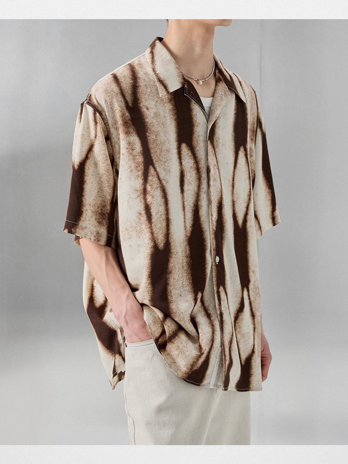 NANS Ink Splash Print Cuban Collar Shirt in Brown - On Model