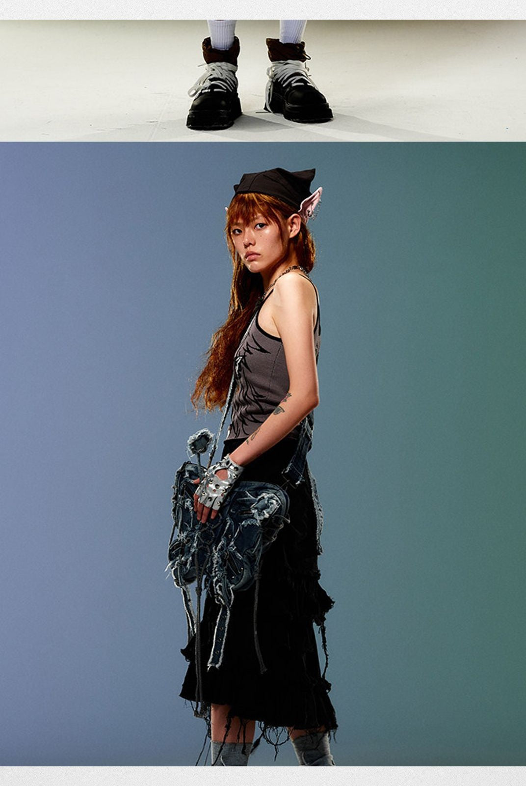 CFIERCE Chain Detail Elf Ear Hat in Black - On Model