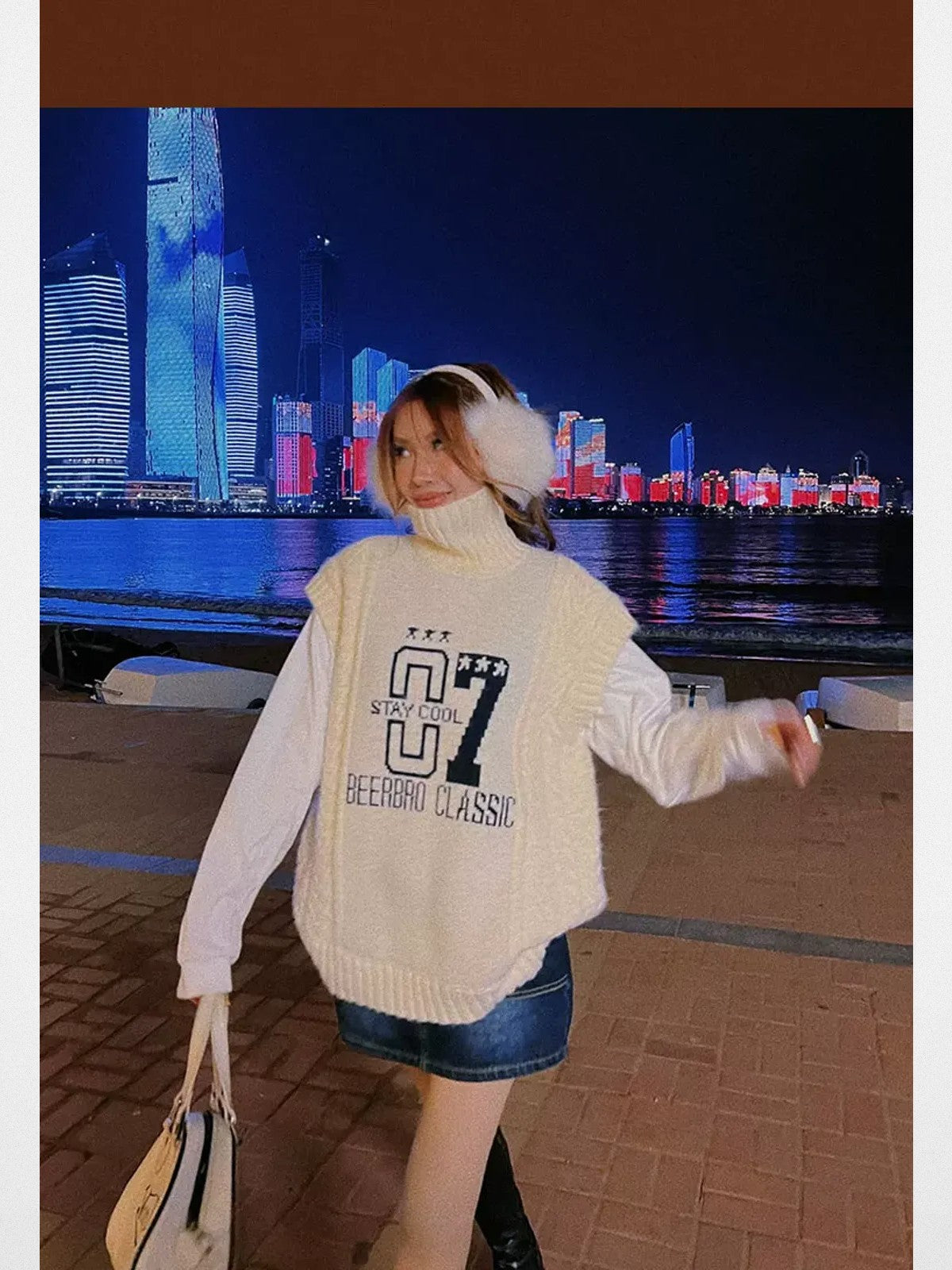 BeerBro Graphic Cable Knit Turtleneck Vest in Beige - On Model