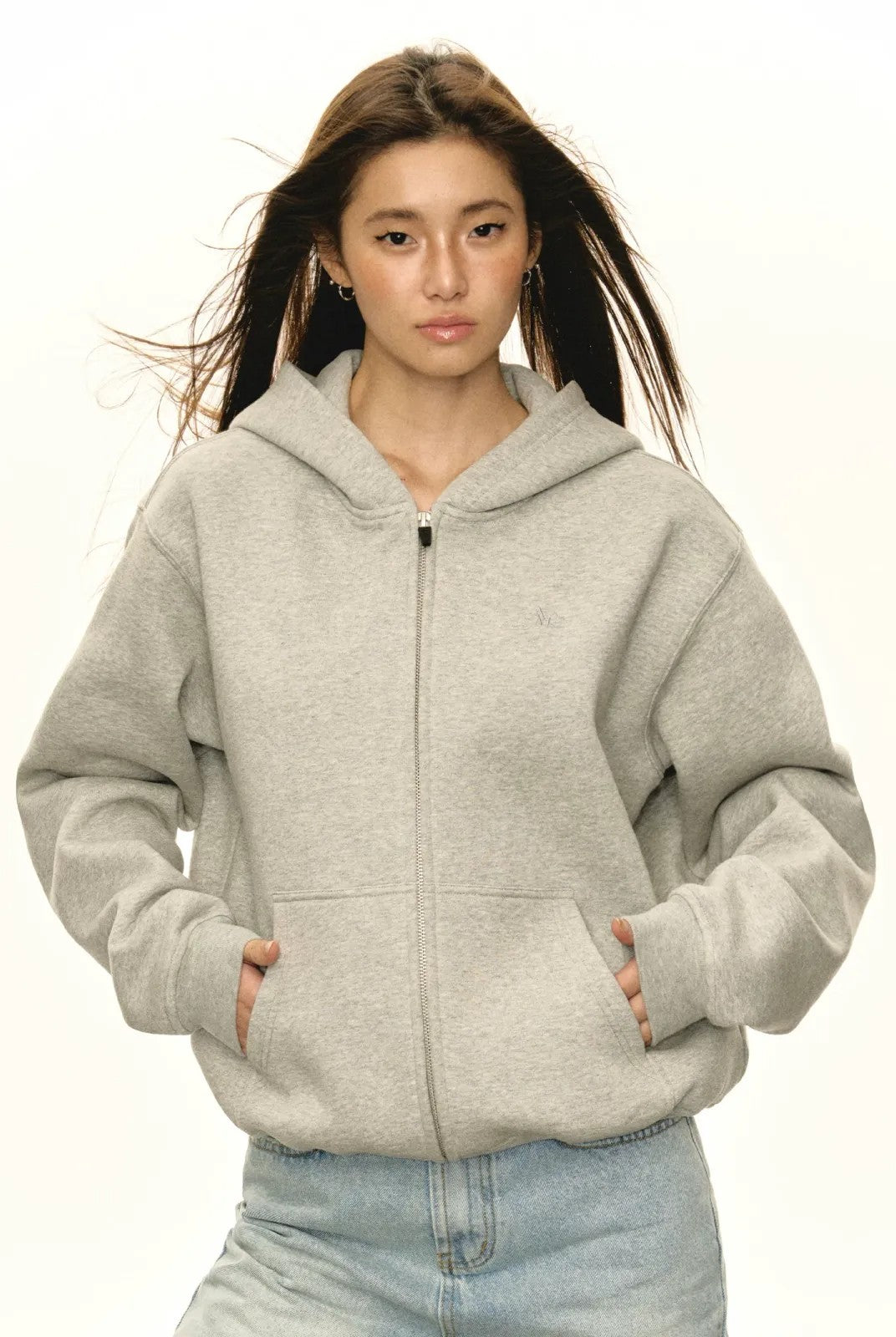 ARISEISM Oversized Cotton Blend Zip Up Hoodie in Gray - On Model