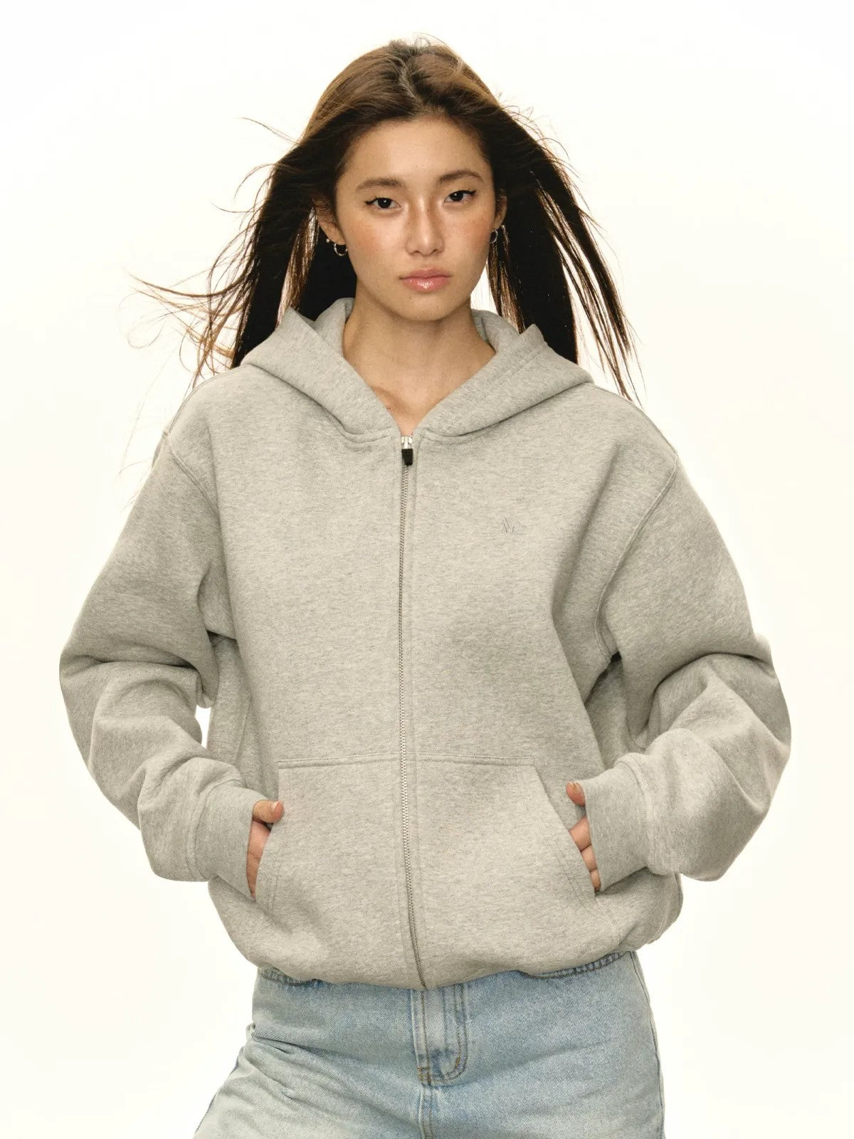 ARISEISM Oversized Cotton Blend Zip Up Hoodie in Gray - On Model