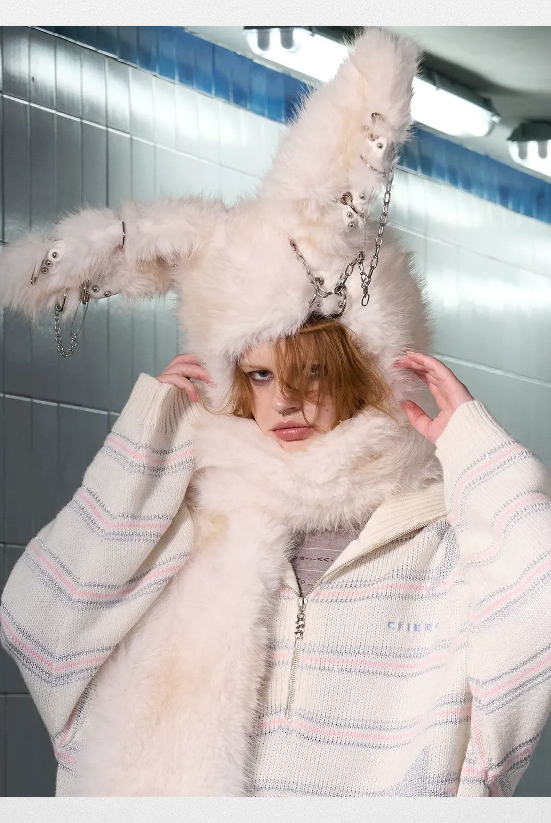 CFIERCE Pierced Faux Fur Bunny Hooded Scarf in White - On Model