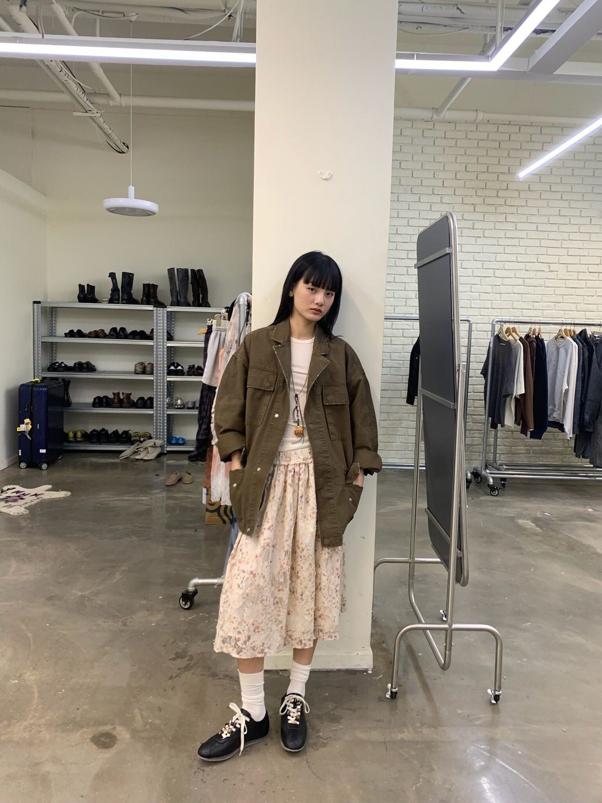 NeverSeez Washed Cotton Workwear Jacket in Brown - On Female Model