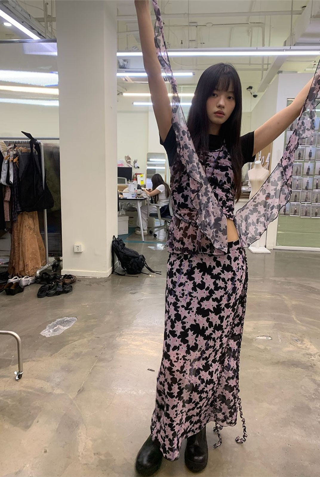 NeverSeez Asymmetric Mesh Streamer Tank in Star Pattern - On Model