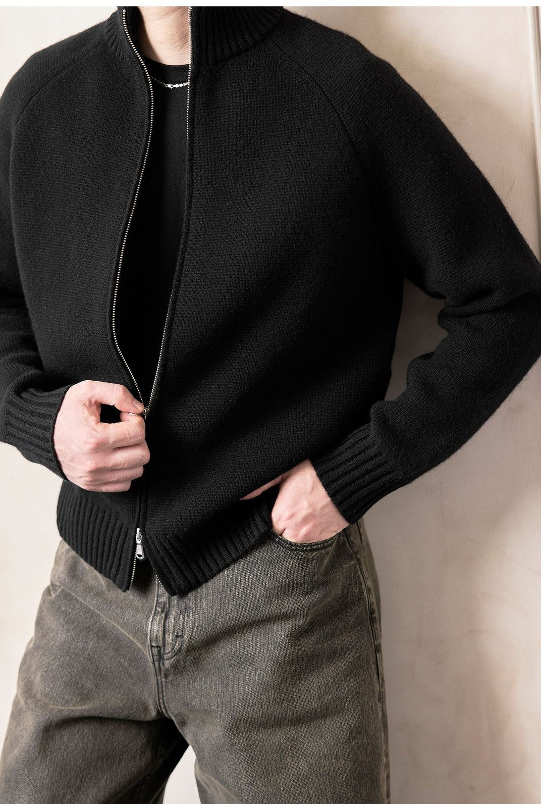 Roolrren Homme 100 Wool Stand Collar Zip Cardigan in Black - On Model