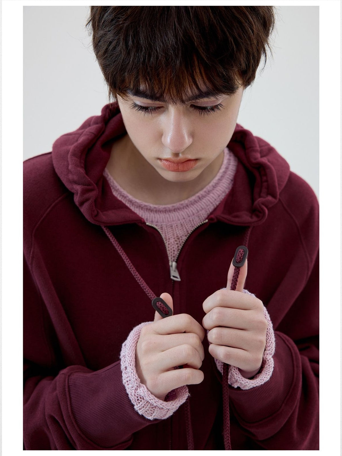 Simple Project Cotton Blend Zip Up Hoodie in Burgundy - On Female Model