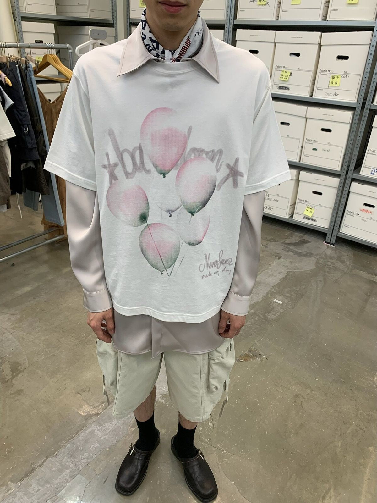 NeverSeez Retro Balloon Print Cotton T Shirt in White - On Male Model