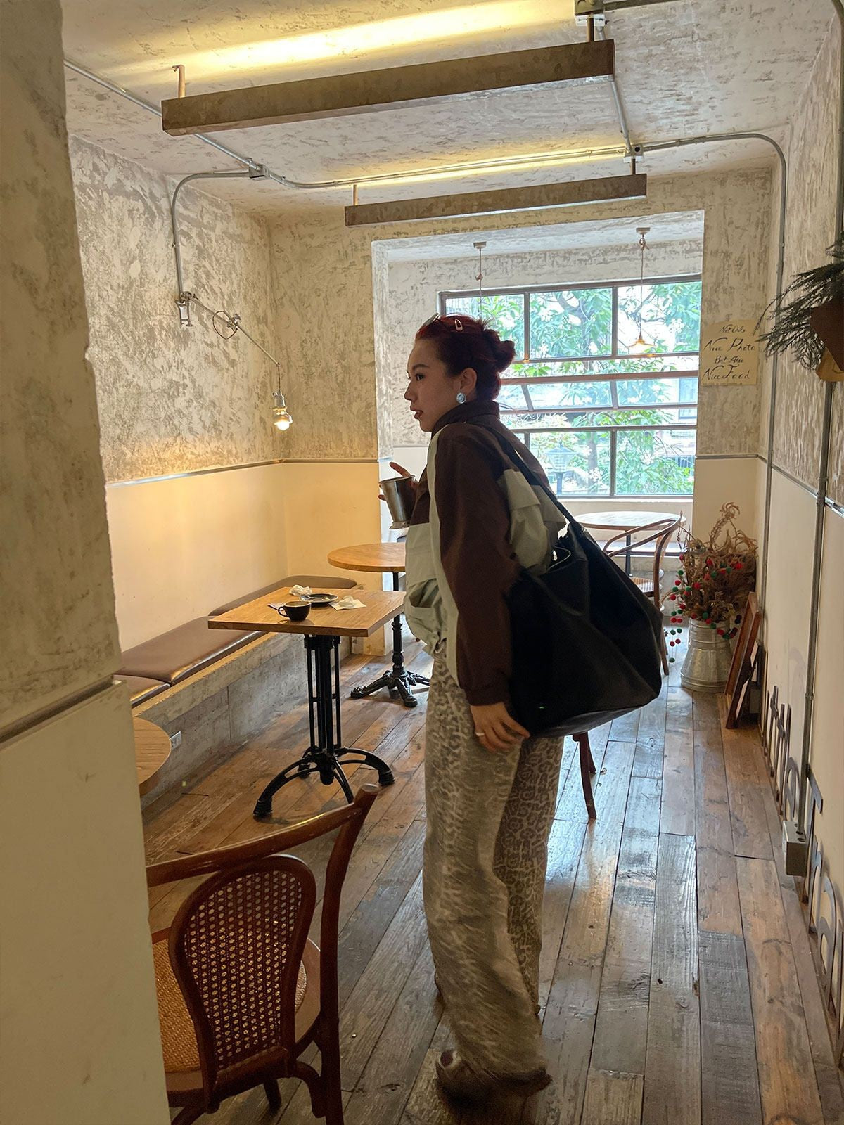 RandomPiece Color Block Stand Collar Jacket in Brown - On Model