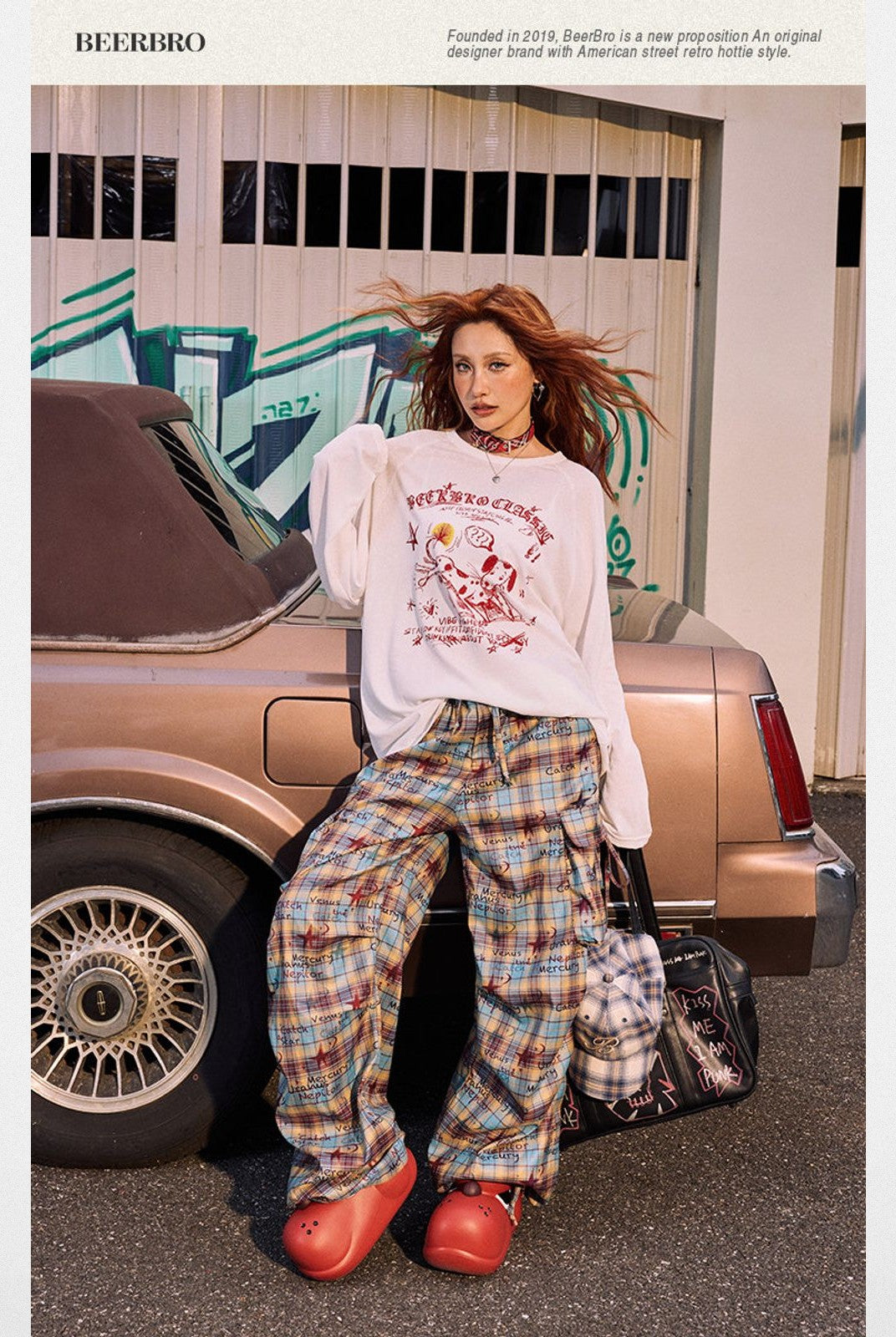 BeerBro Graffiti Plaid Strap Cargo Pants in Sky Blue