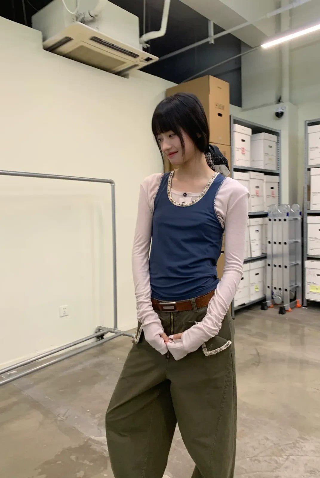 NeverSeez Beaded Lyocell Wool Tank Top in Blue - On Model