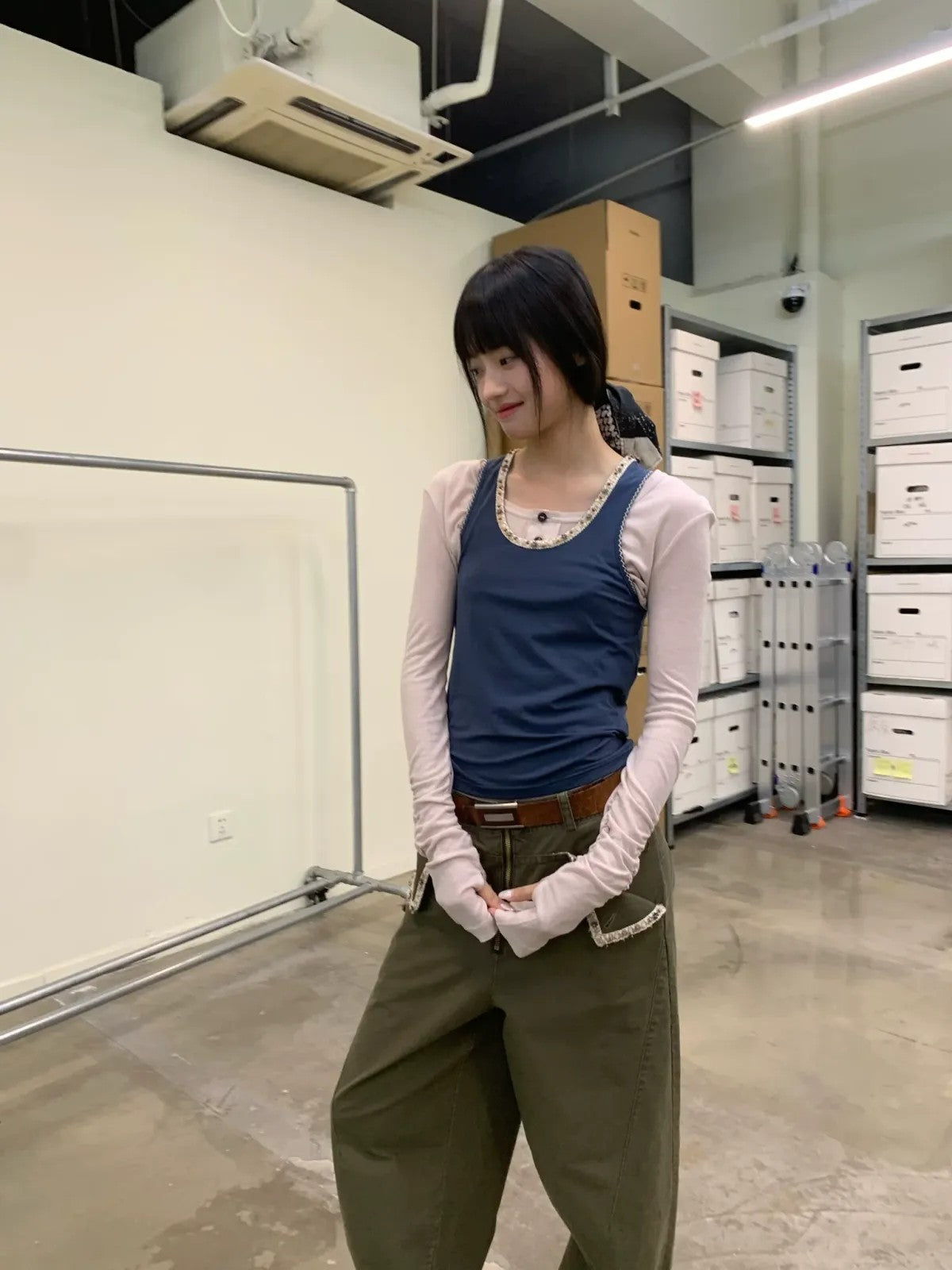 NeverSeez Beaded Lyocell Wool Tank Top in Blue - On Model