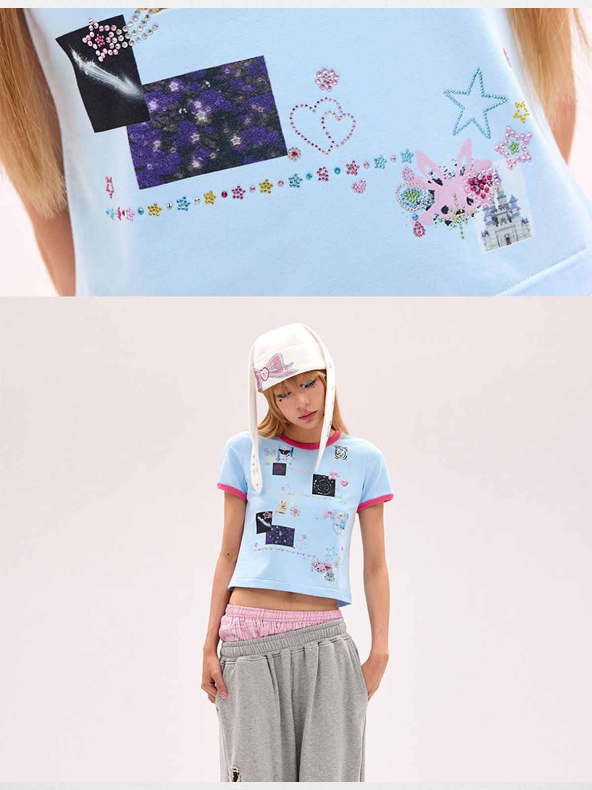 CFIERCE Sticker Print Rhinestone T Shirt in Sky Blue - On Female Model