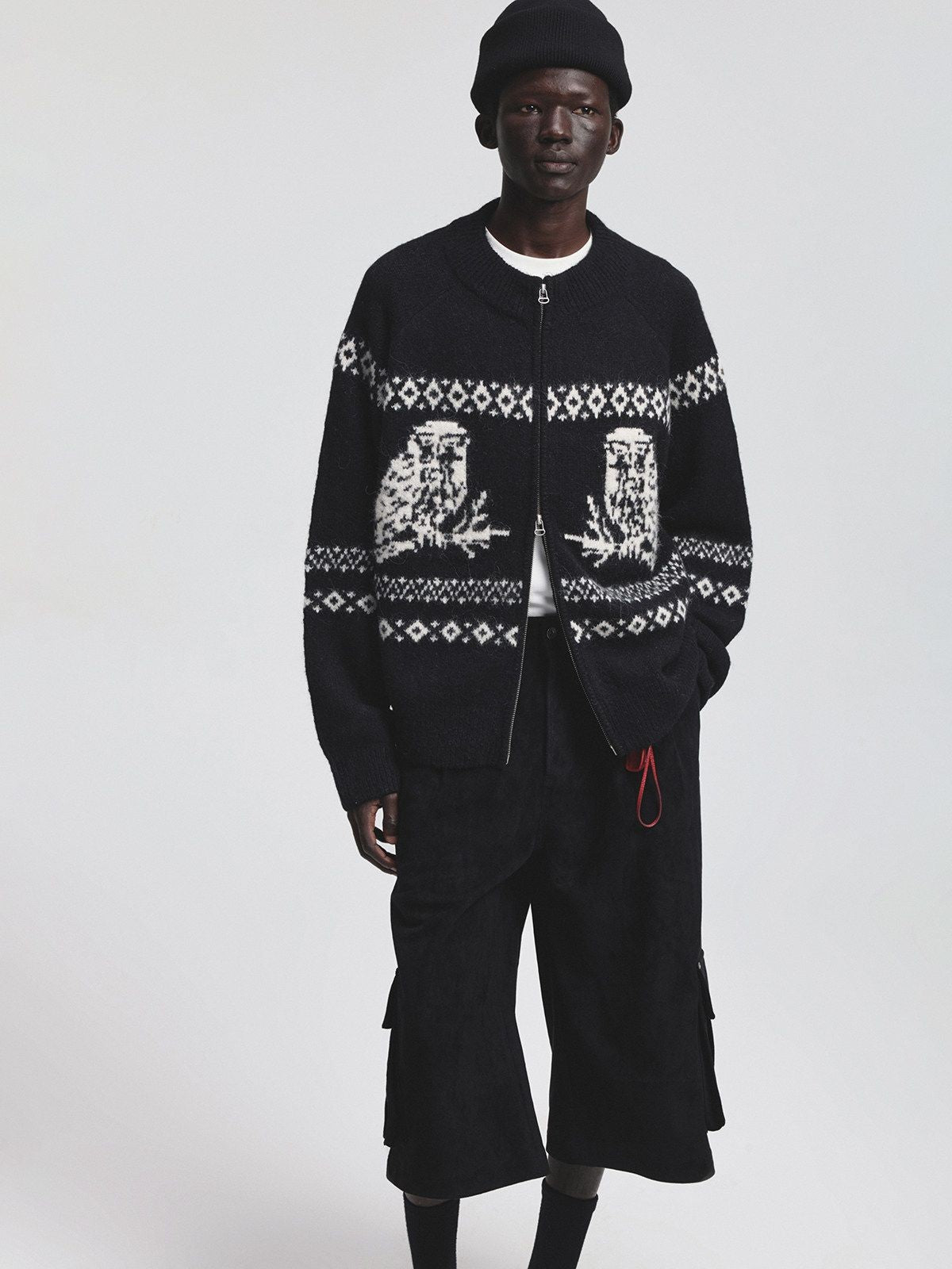 NANS Alpaca Blend Animal Jacquard Cardigan in Black - On Model