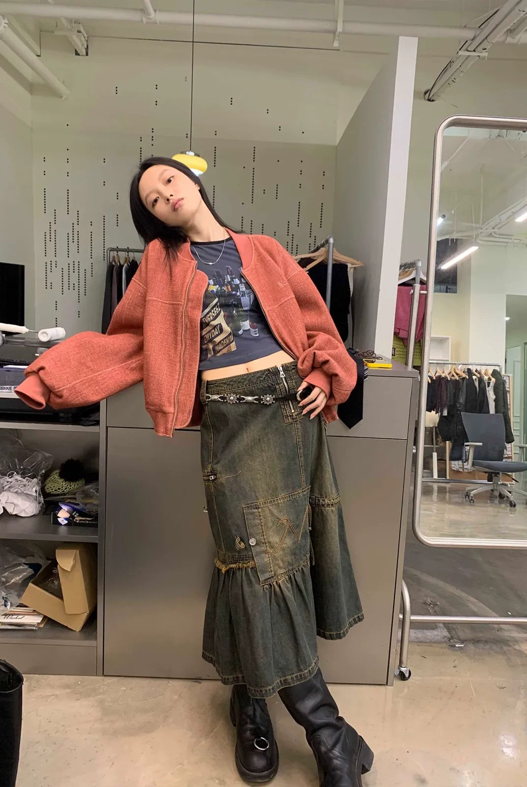 NeverSeez Asymmetric Vintage Wash Denim Skirt in Dark Wash - On Model