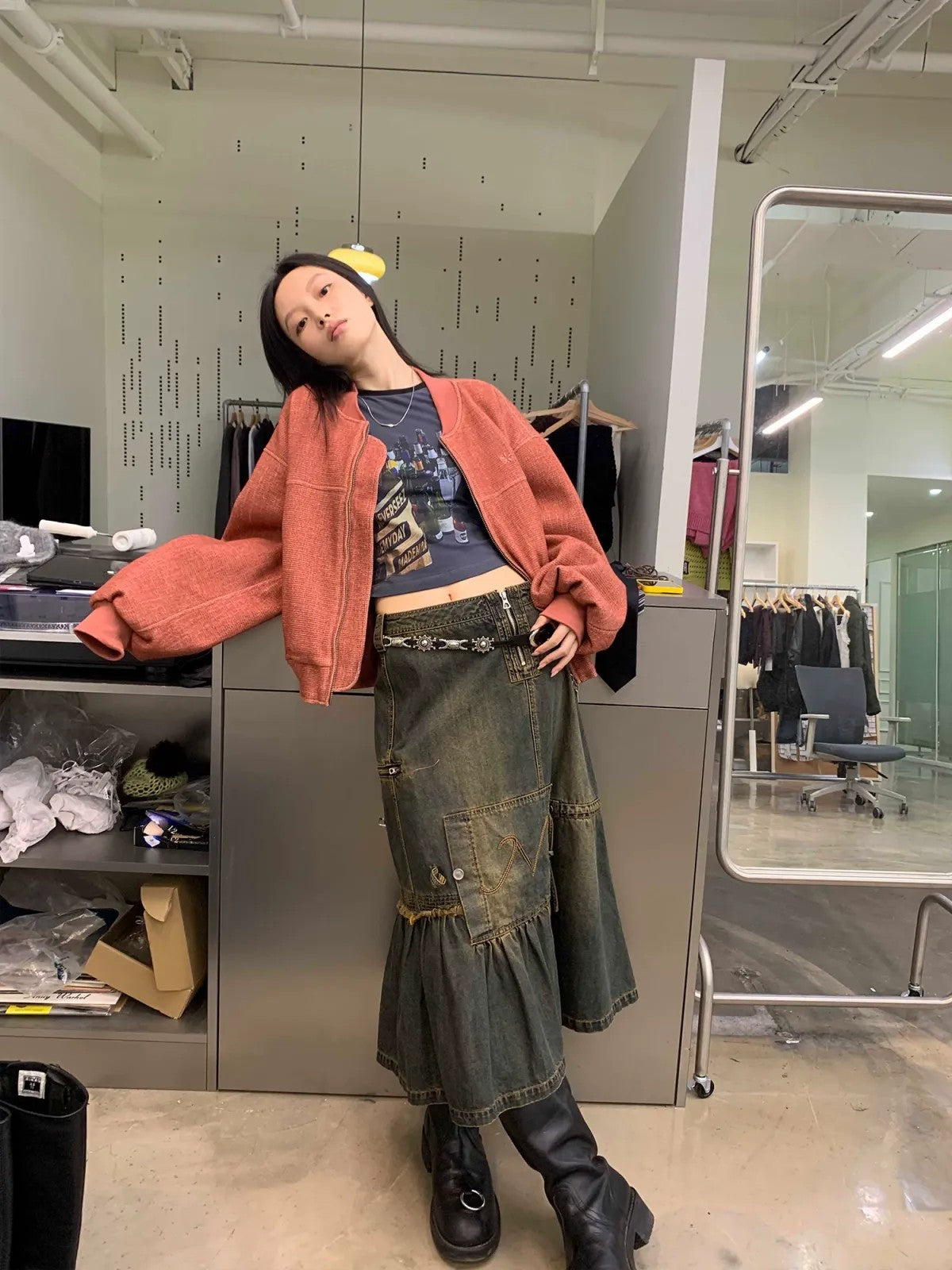 NeverSeez Asymmetric Vintage Wash Denim Skirt in Dark Wash - On Model