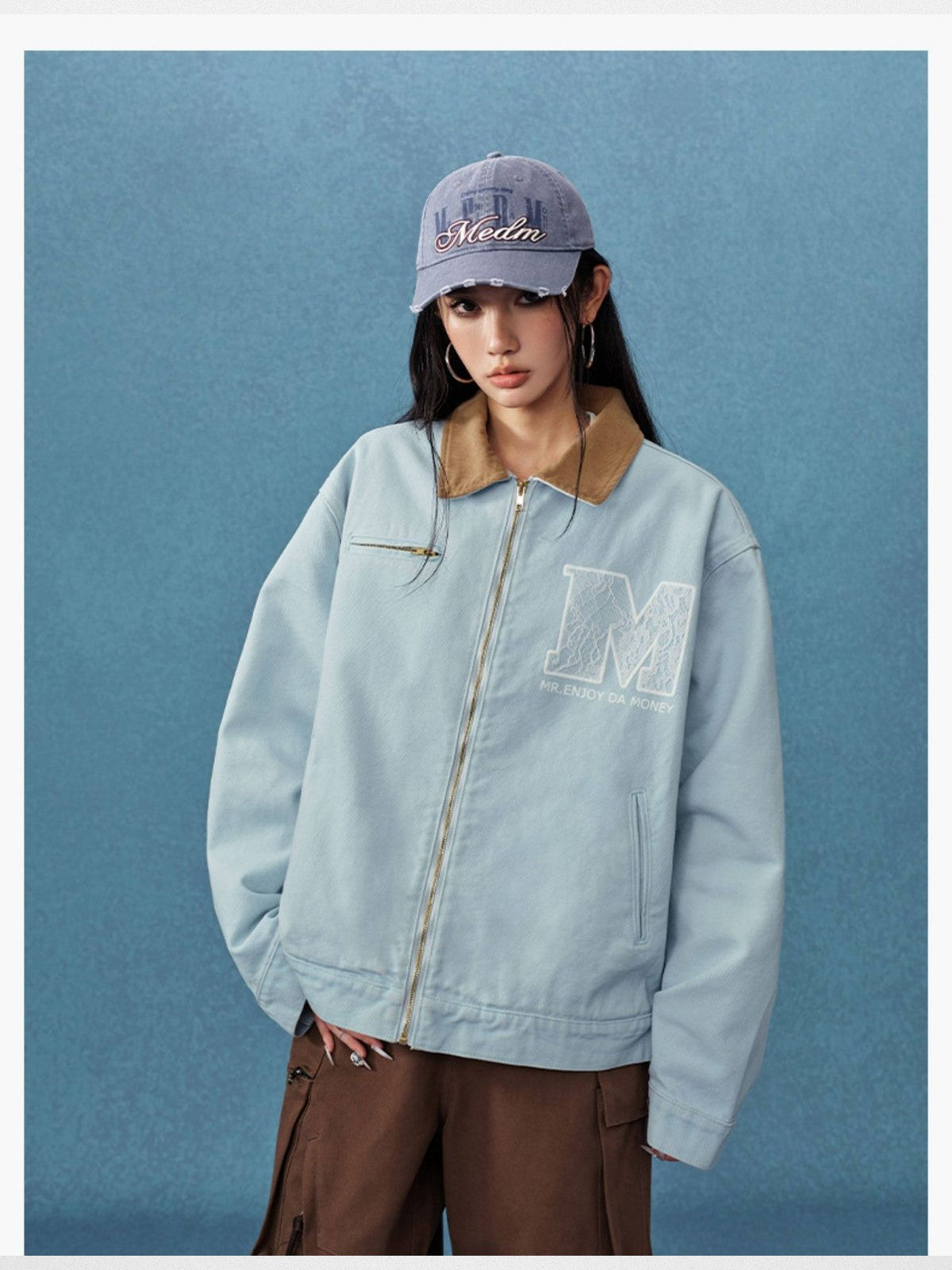 MEDM Lace Appliqu Detroit Jacket in Sky Blue - On Female Model