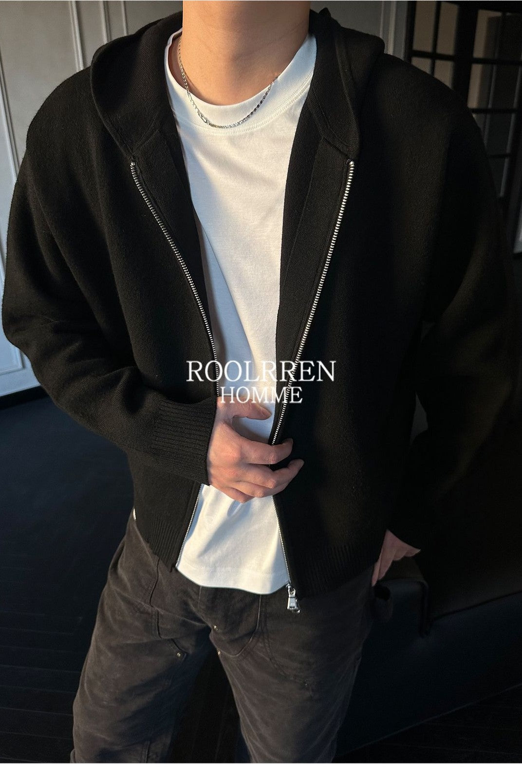 Roolrren Homme Wool Cashmere Zip Up Hoodie in Black - Lifestyle