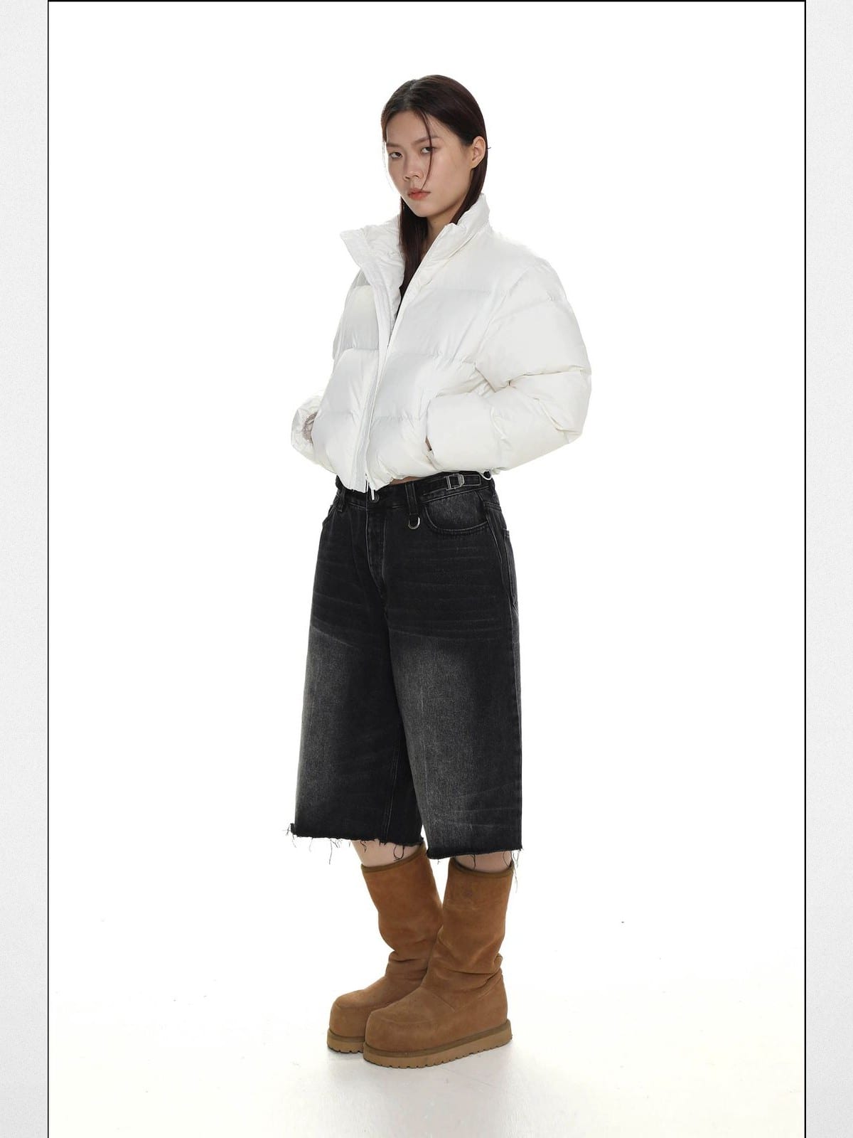 MasonPrince Cropped Down Puffer Jacket in White - On Female Model