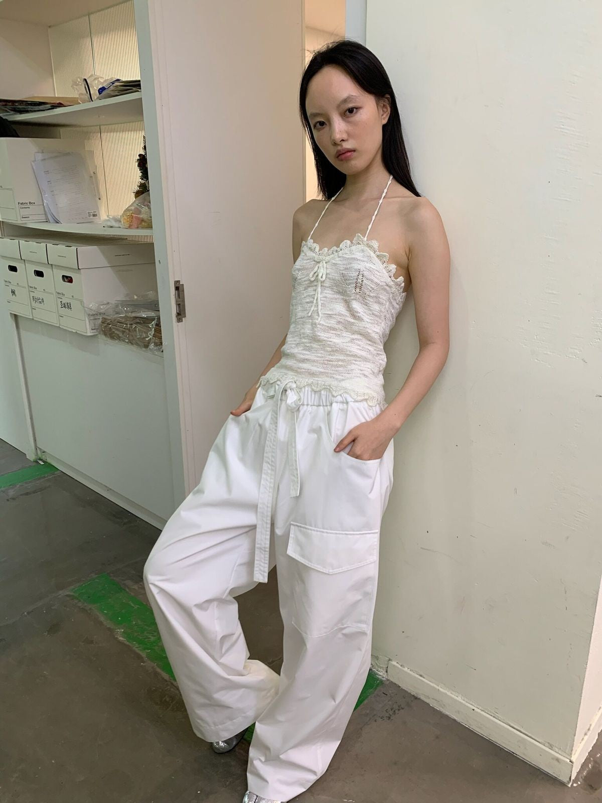 NeverSeez Quick Dry Wide Leg Trousers in White - On Female Model