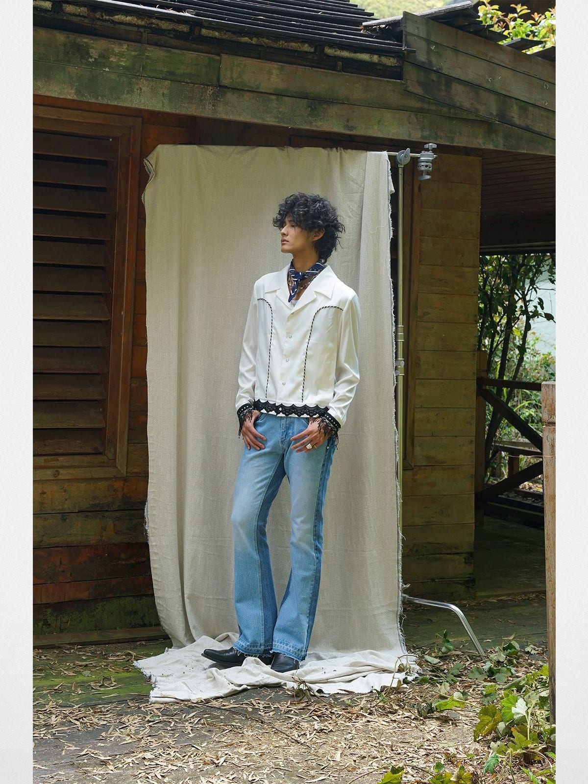 Retro21 Fringe Trim Shirt Jacket in White - On Male Model